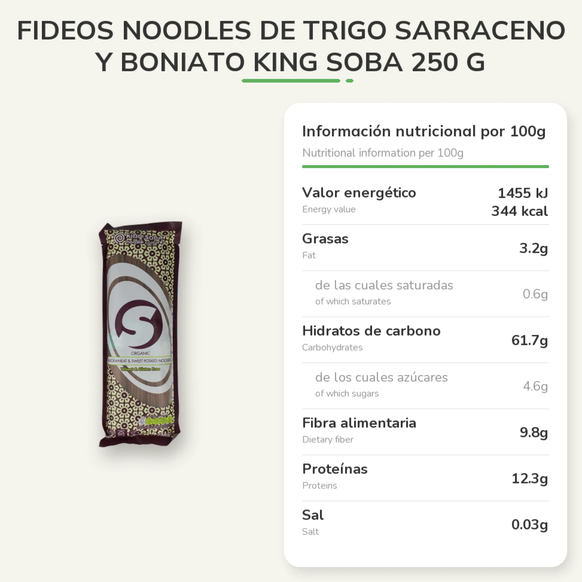 Fideos Noodles de Trigo Sarraceno y Boniato King Soba 250 g