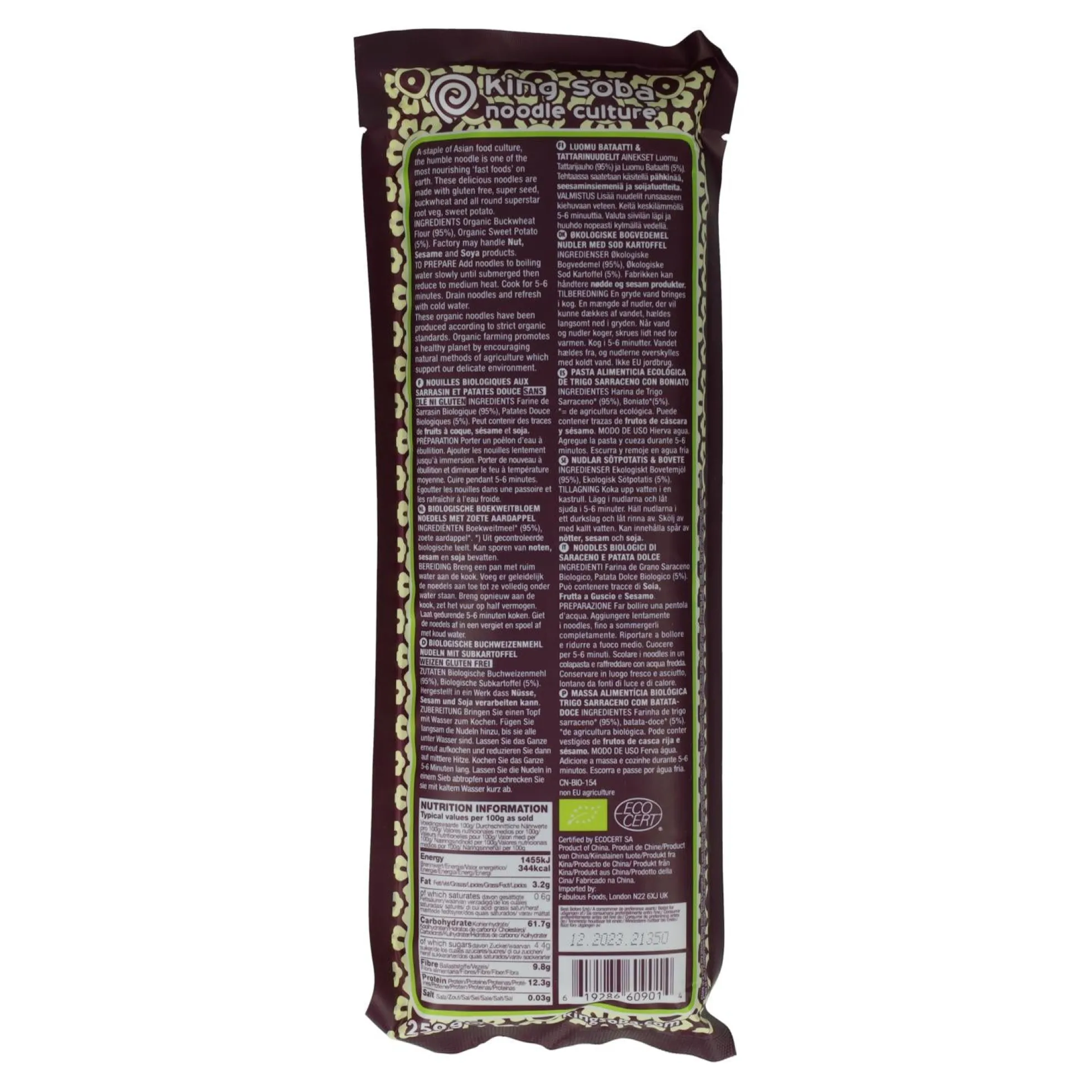 Fideos Noodles de Trigo Sarraceno y Boniato King Soba 250 g