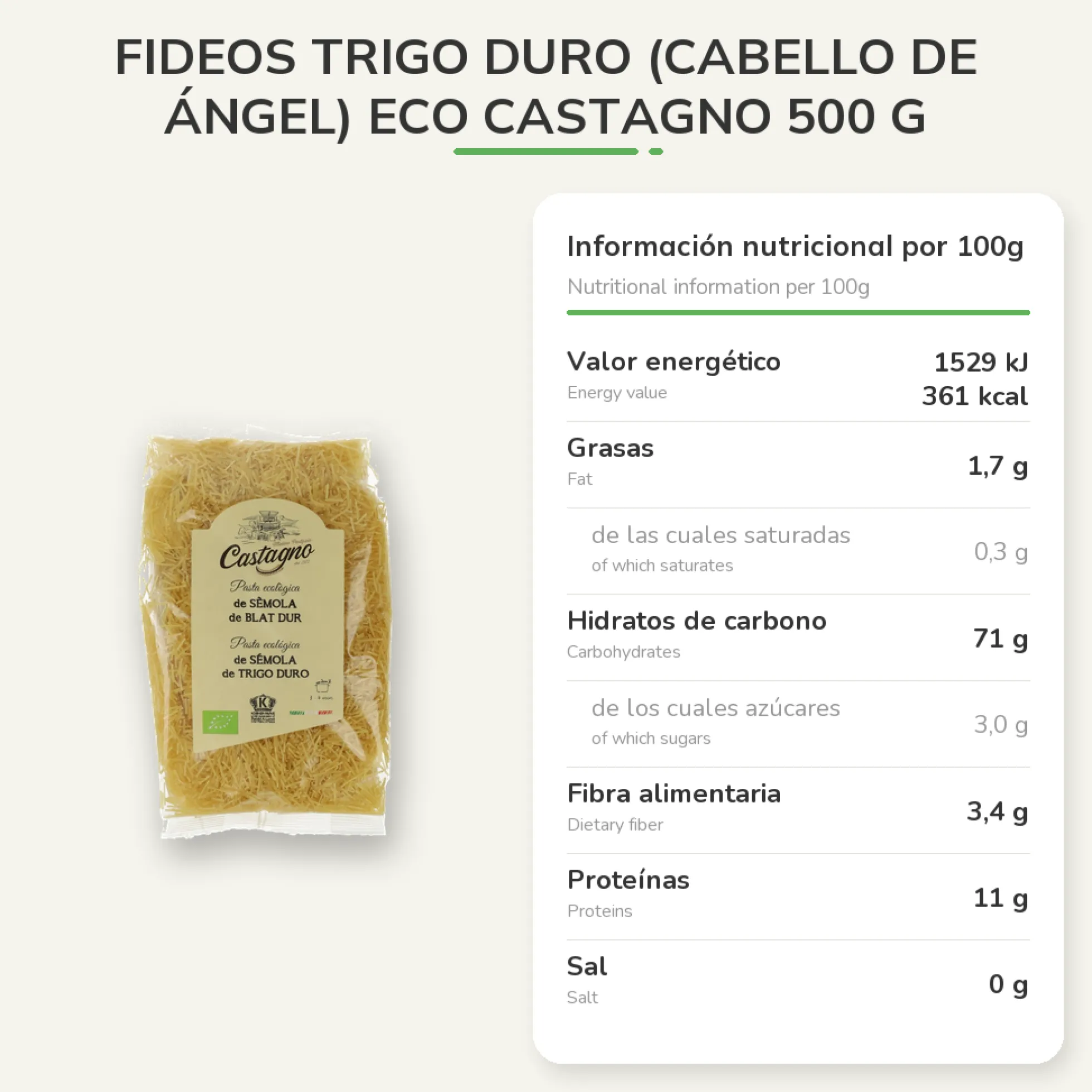 Fideos Trigo Duro (cabello de ángel) ECO Castagno 500 g