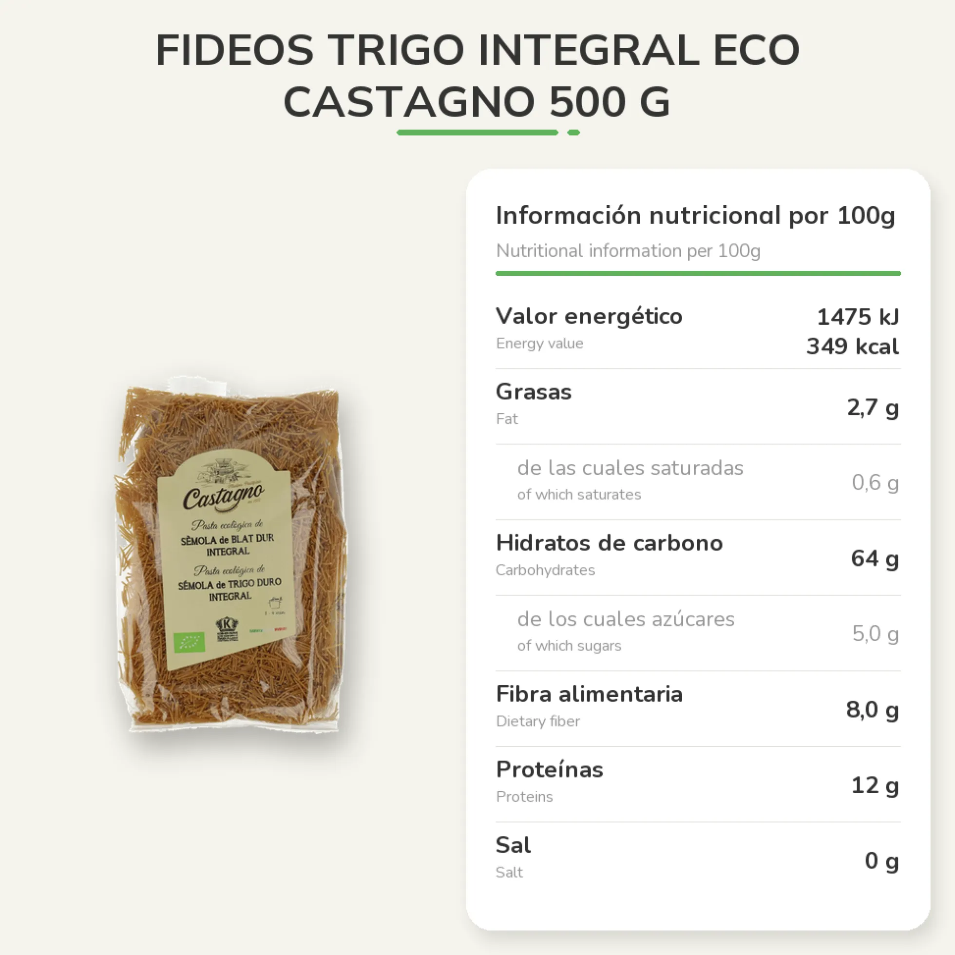 Fideos Trigo Integral ECO Castagno 500 g