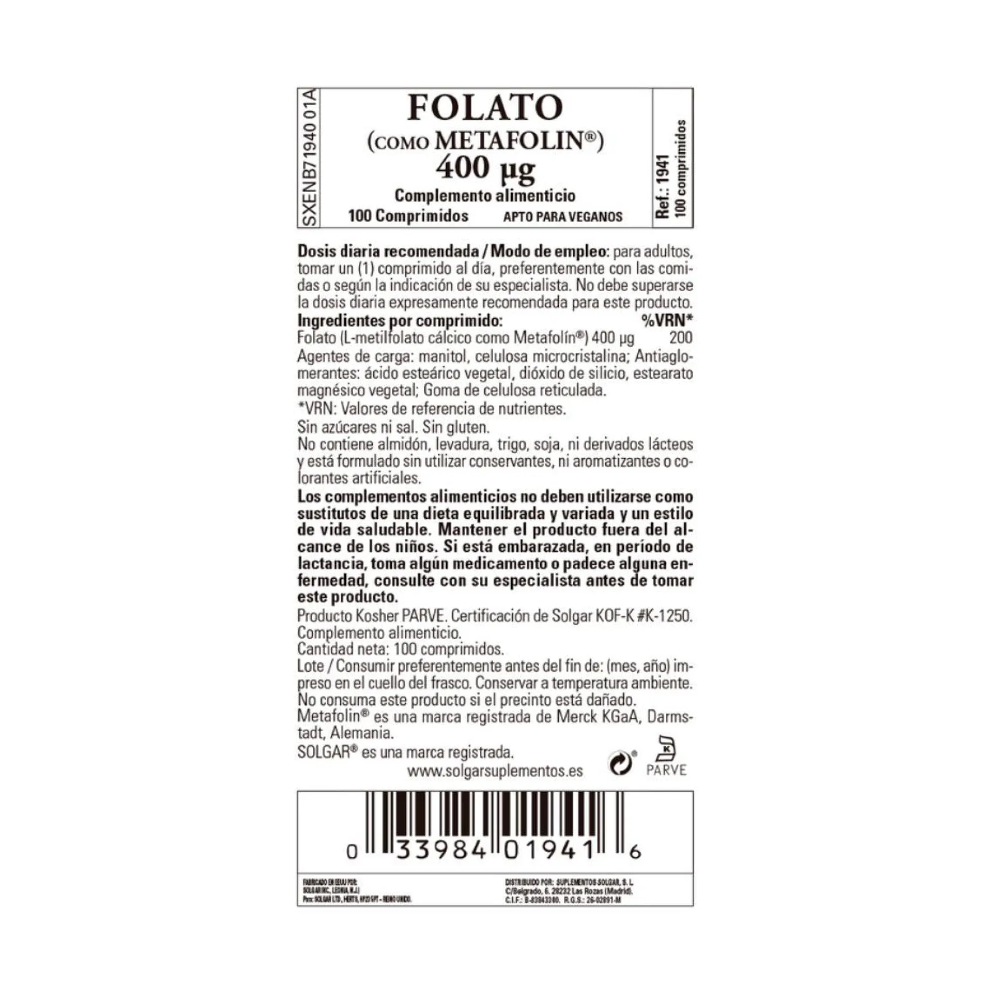 Folato (Metafolin) 50 comprimidos