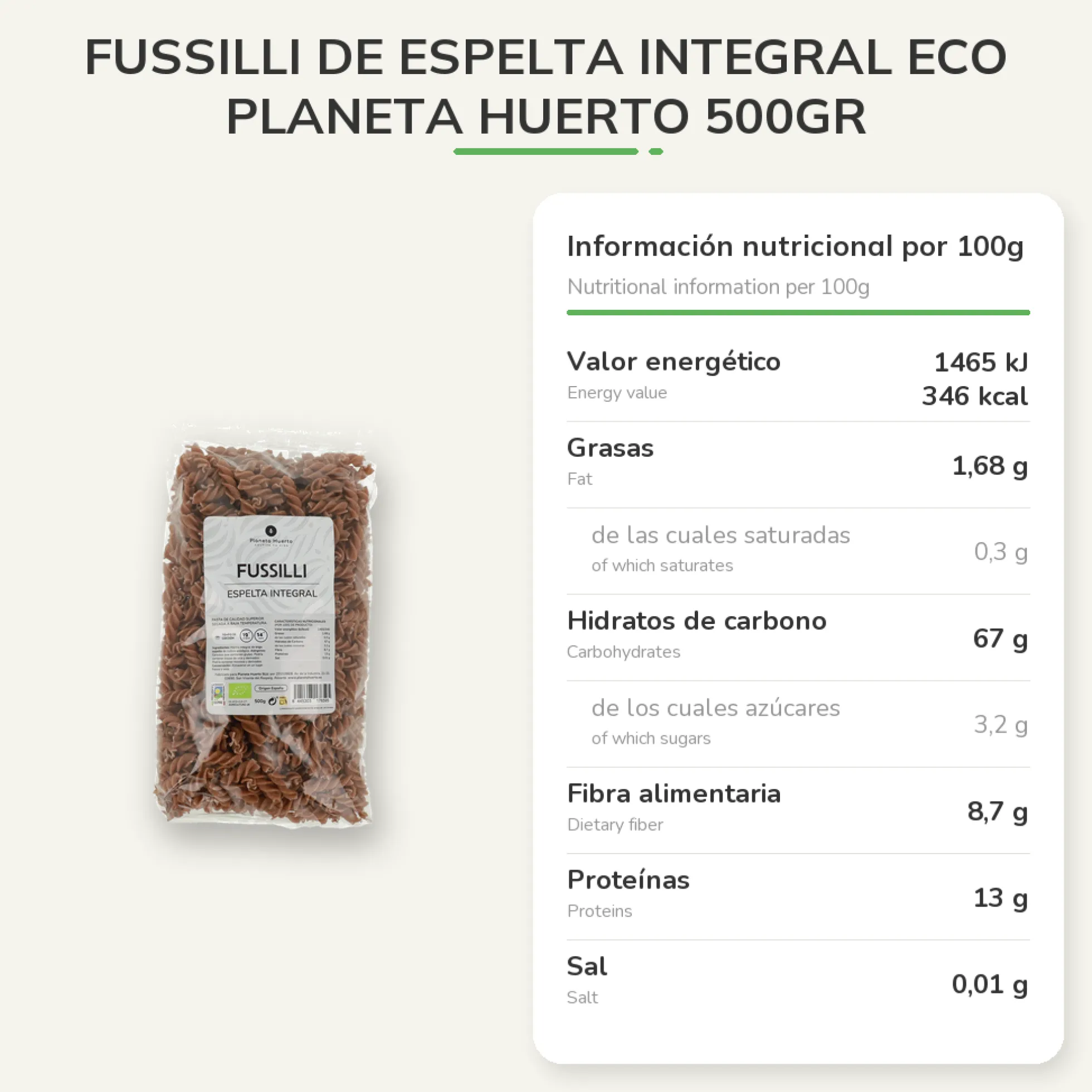 Fusilli de espelta integral ECO Planeta Huerto 500gr