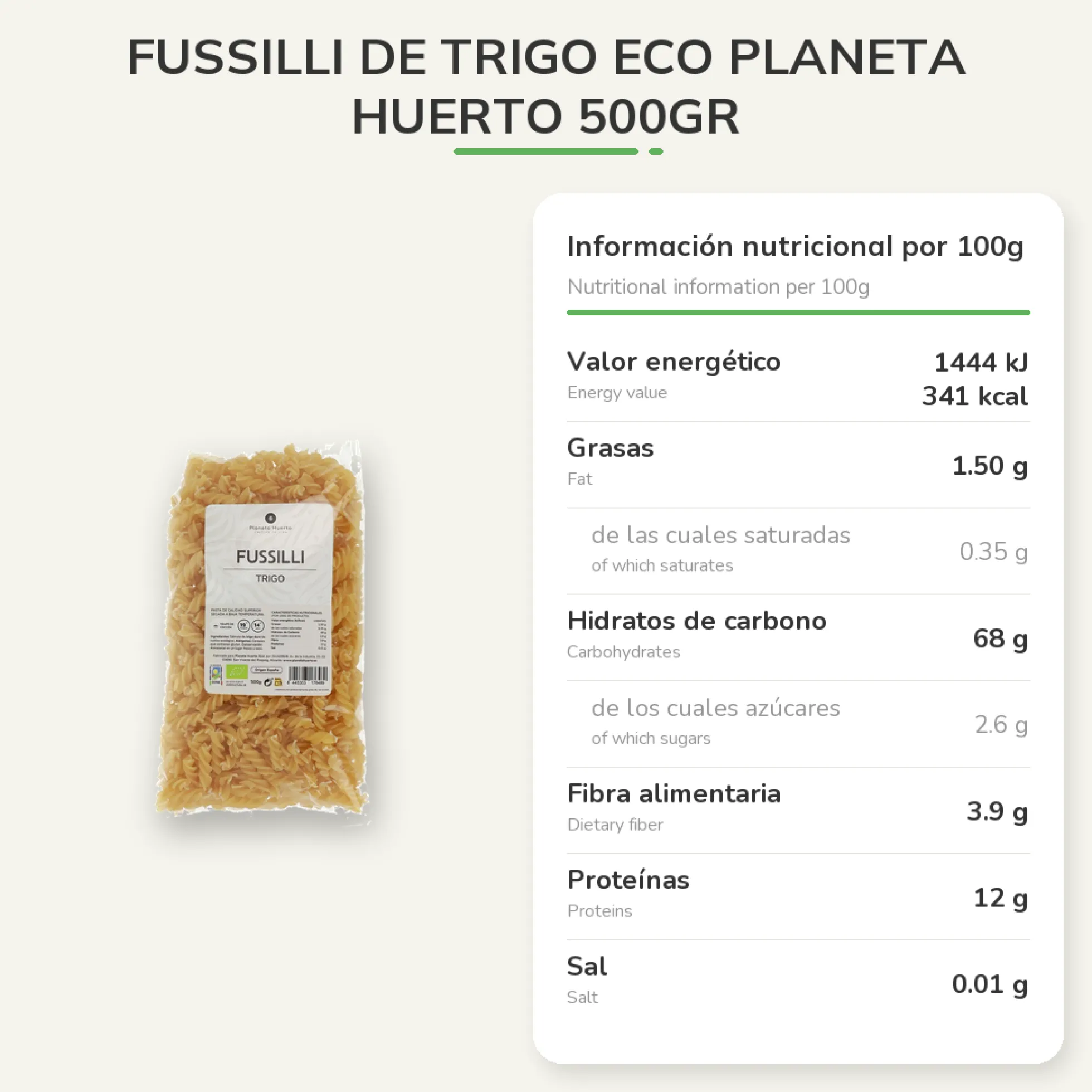 Fusilli de trigo ECO Planeta Huerto 500gr