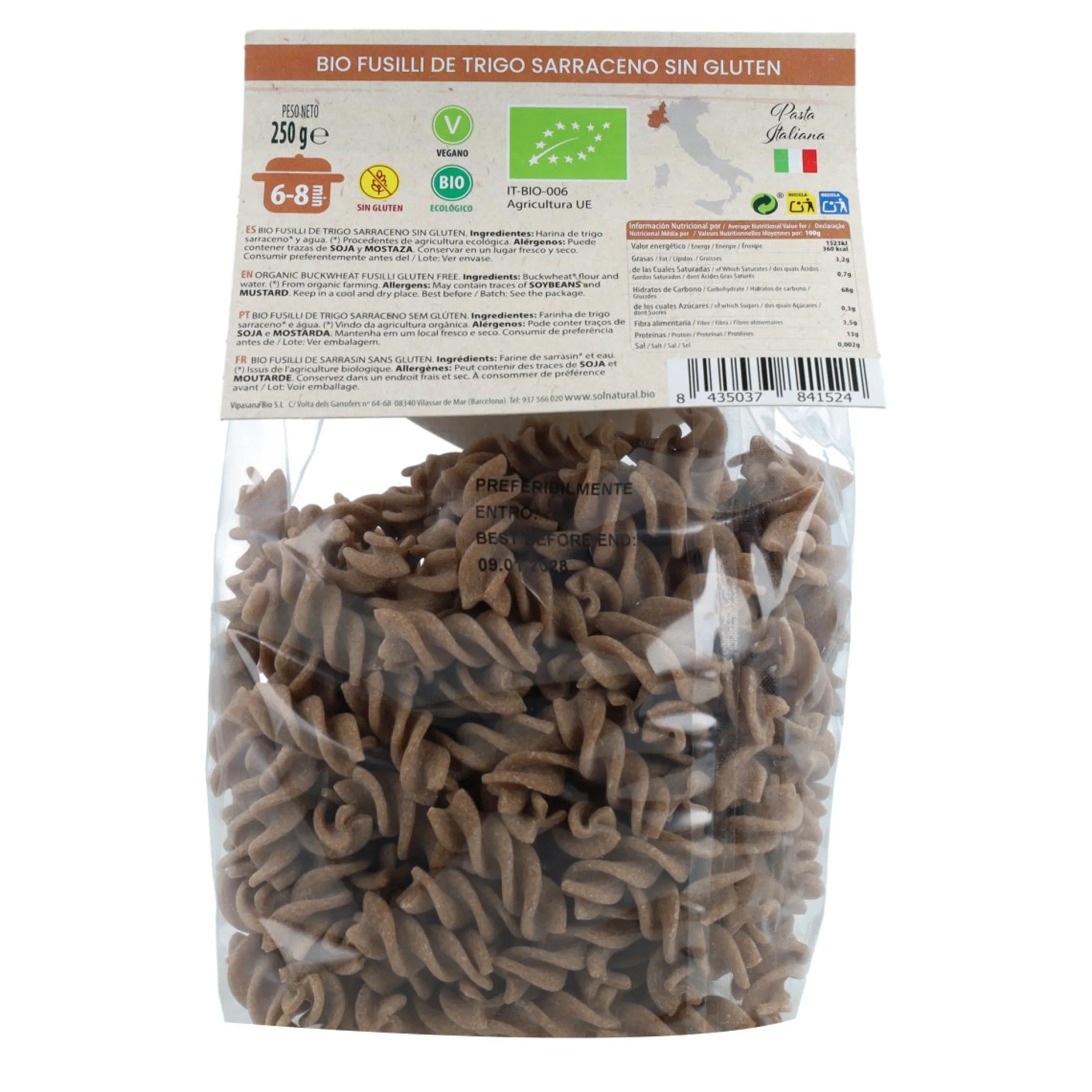 Fusilli de trigo sarraceno sin gluten bio Sol Natural 250 g