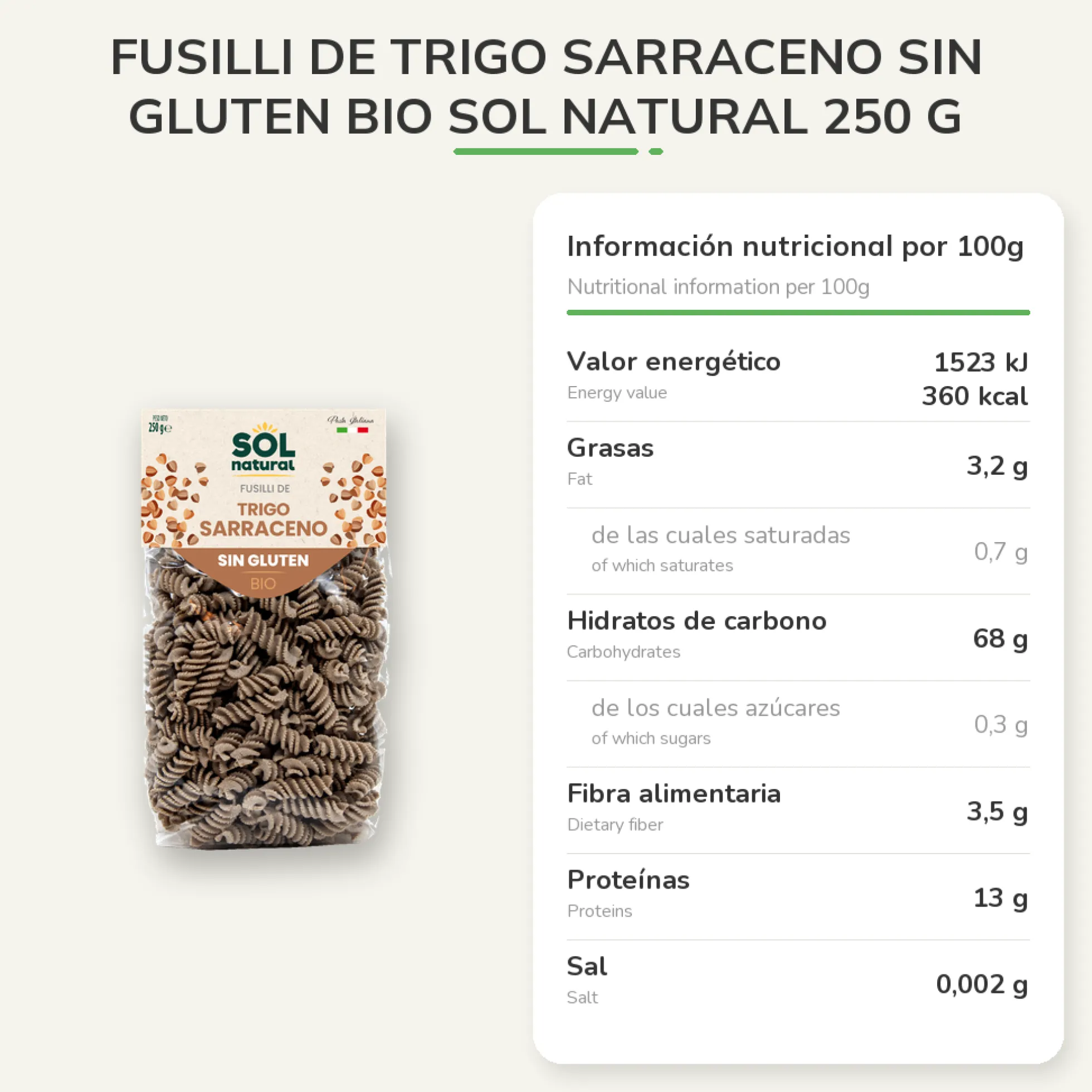 Fusilli de trigo sarraceno sin gluten bio Sol Natural 250 g