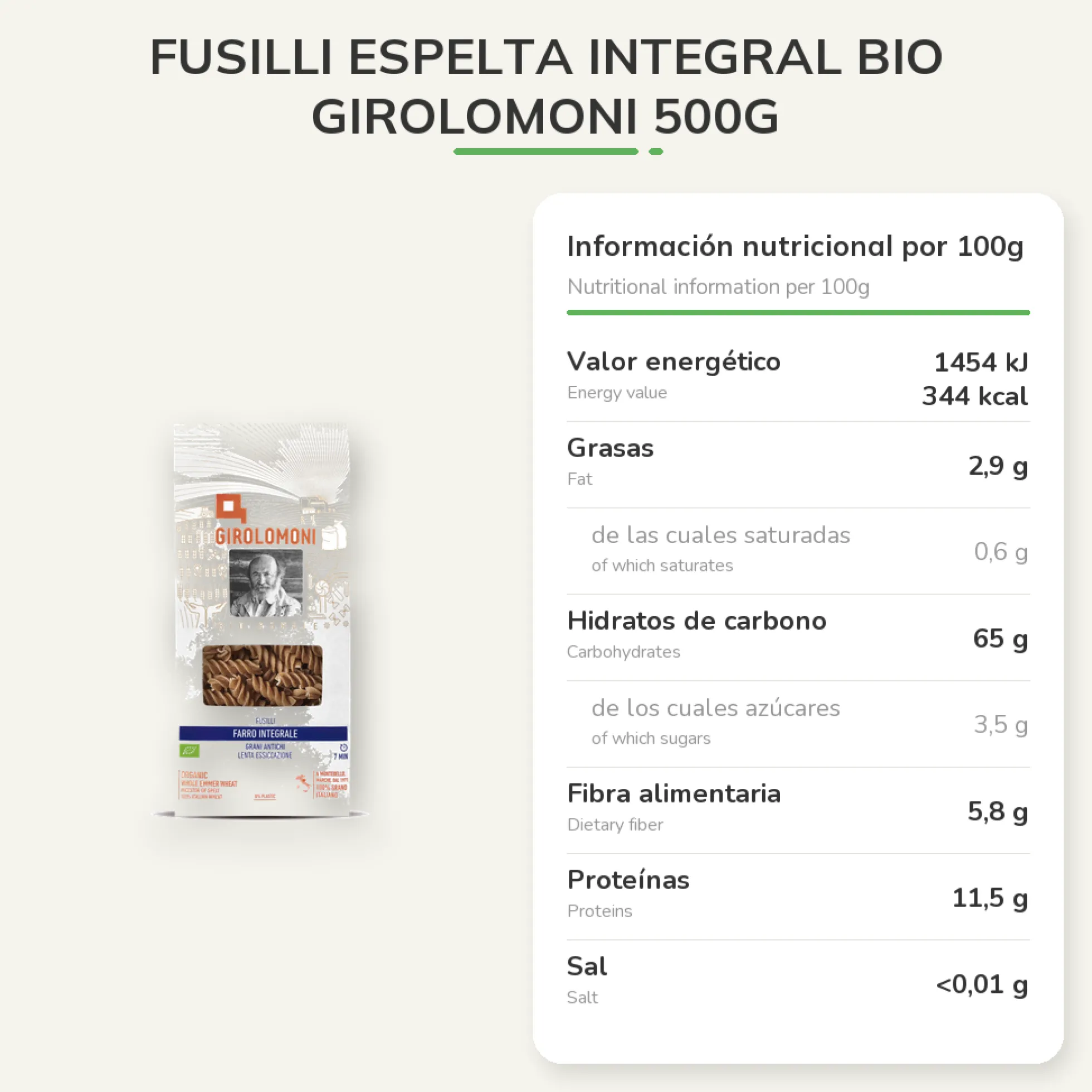 Fusilli espelta integral bio Girolomoni 500g