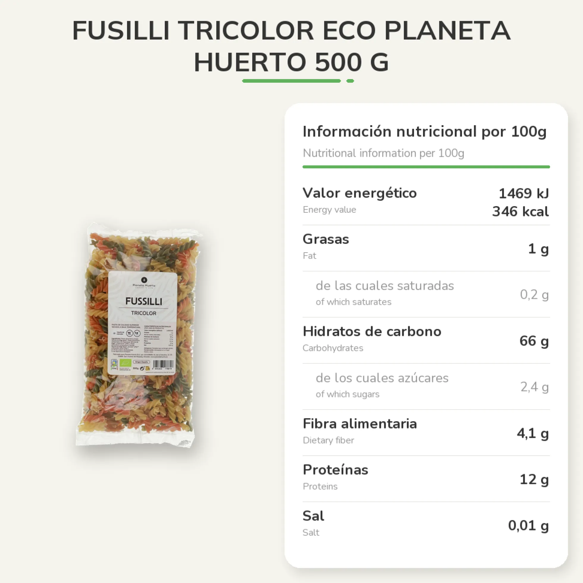 Fusilli tricolor ECO Planeta Huerto 500 g