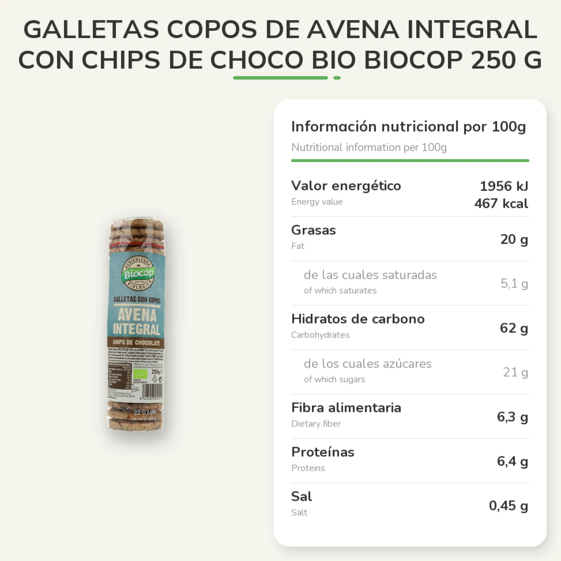 Galletas Copos de Avena Integral con Chips de Choco BIO Biocop 250 g