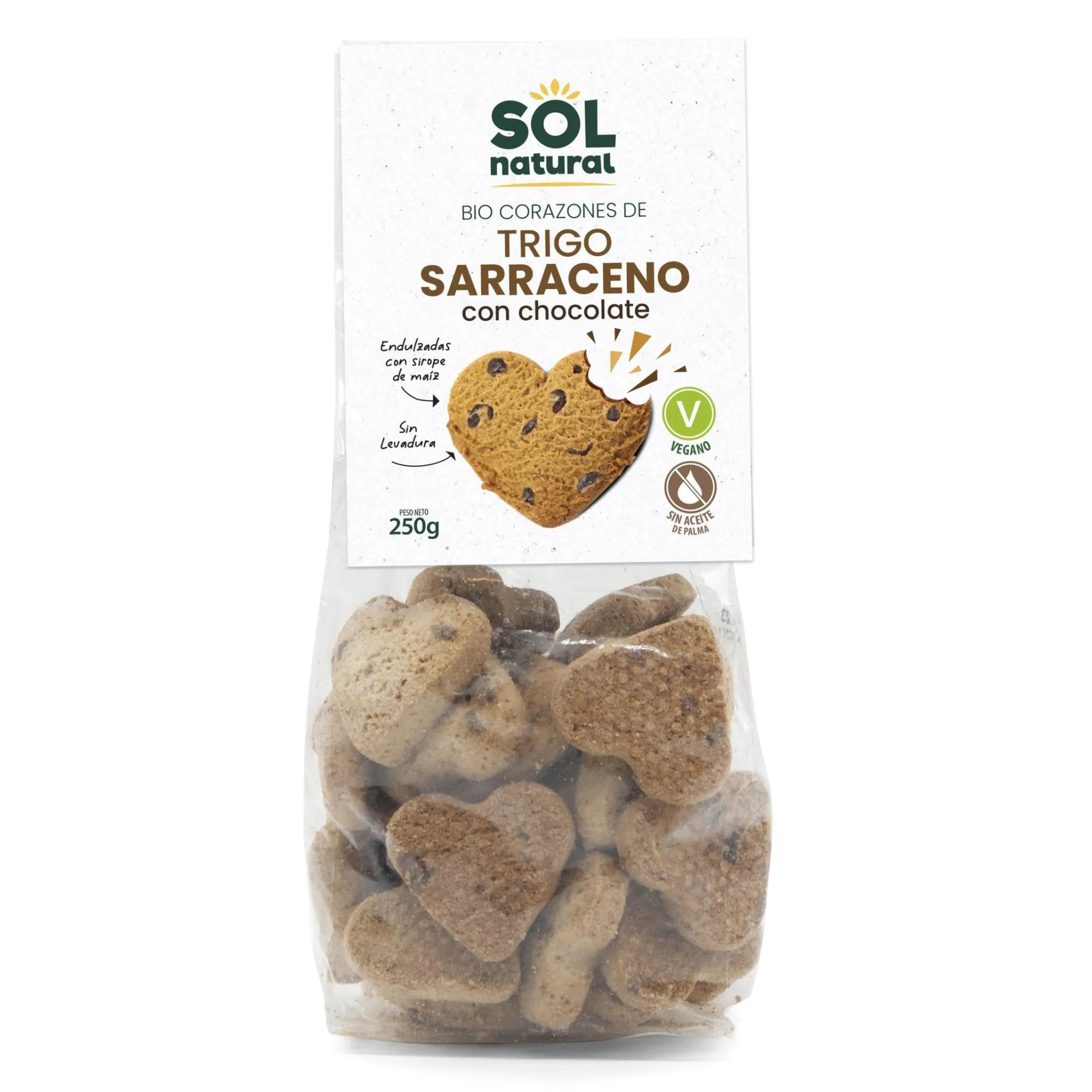 Galletas Corazones de trigo sarraceno con chips de chocolate bio Sol Natural 250 g