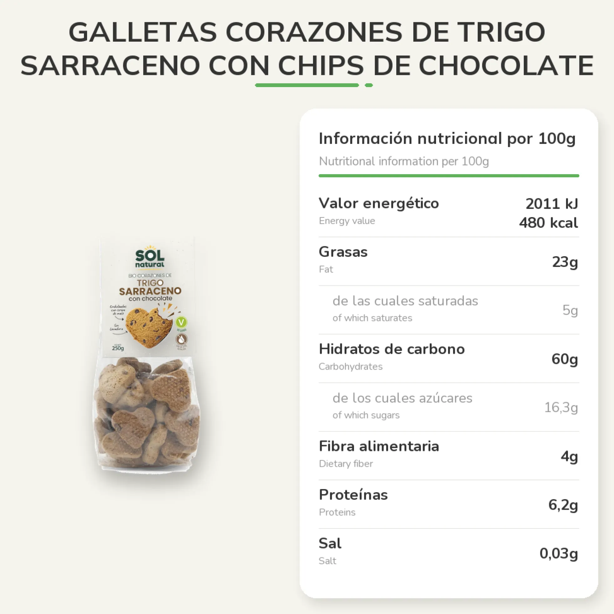 Galletas Corazones de trigo sarraceno con chips de chocolate bio Sol Natural 250 g