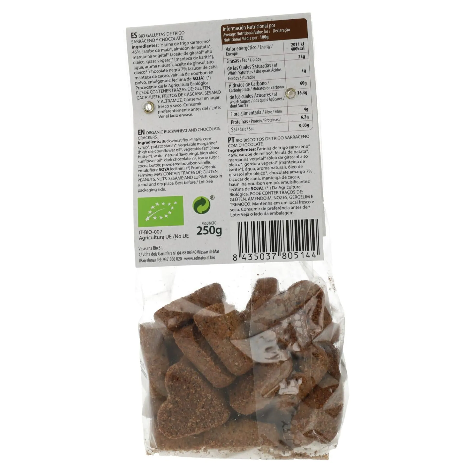 Galletas Corazones de trigo sarraceno con chips de chocolate bio Sol Natural 250 g