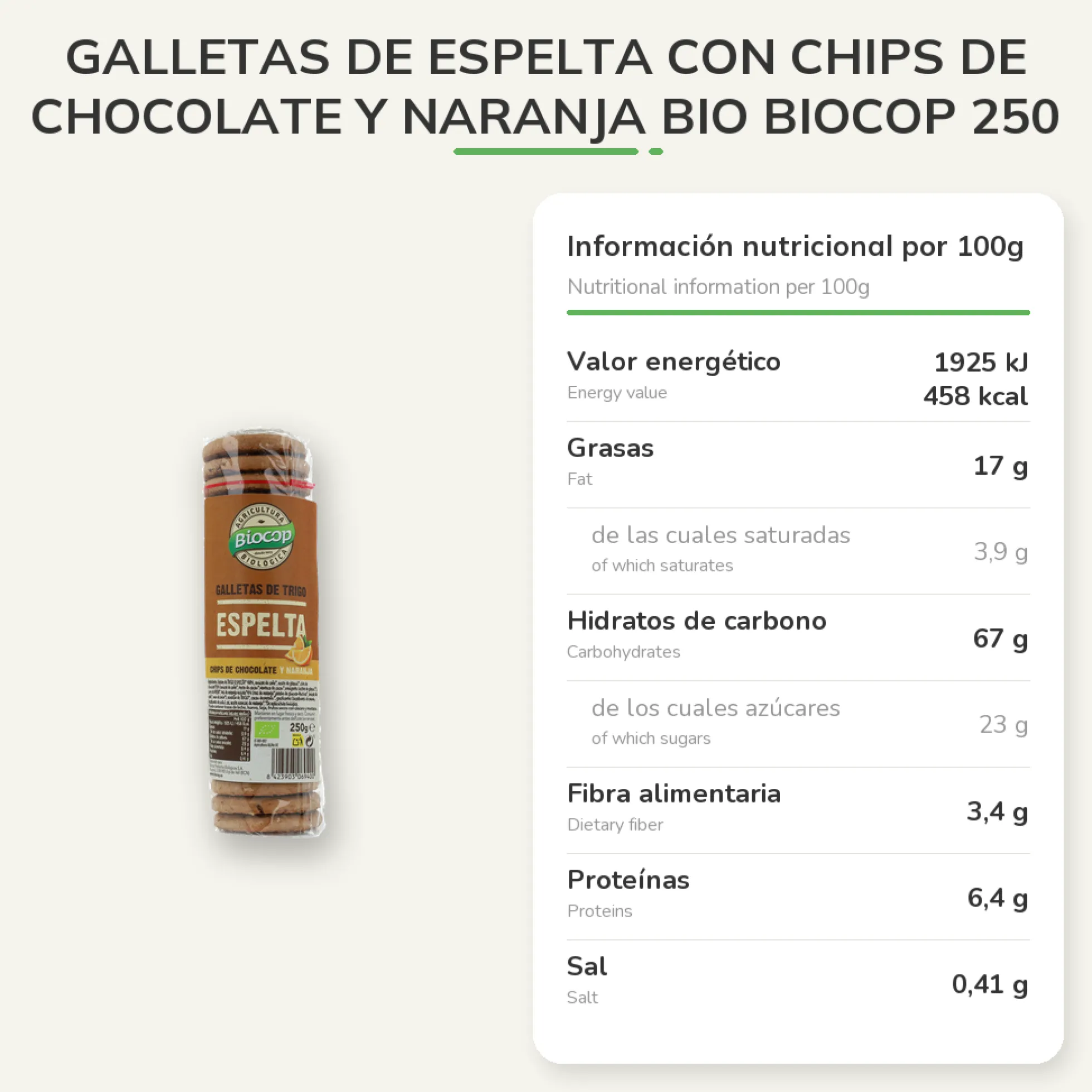 Galletas de Espelta con Chips de Chocolate y Naranja Bio Biocop 250 g