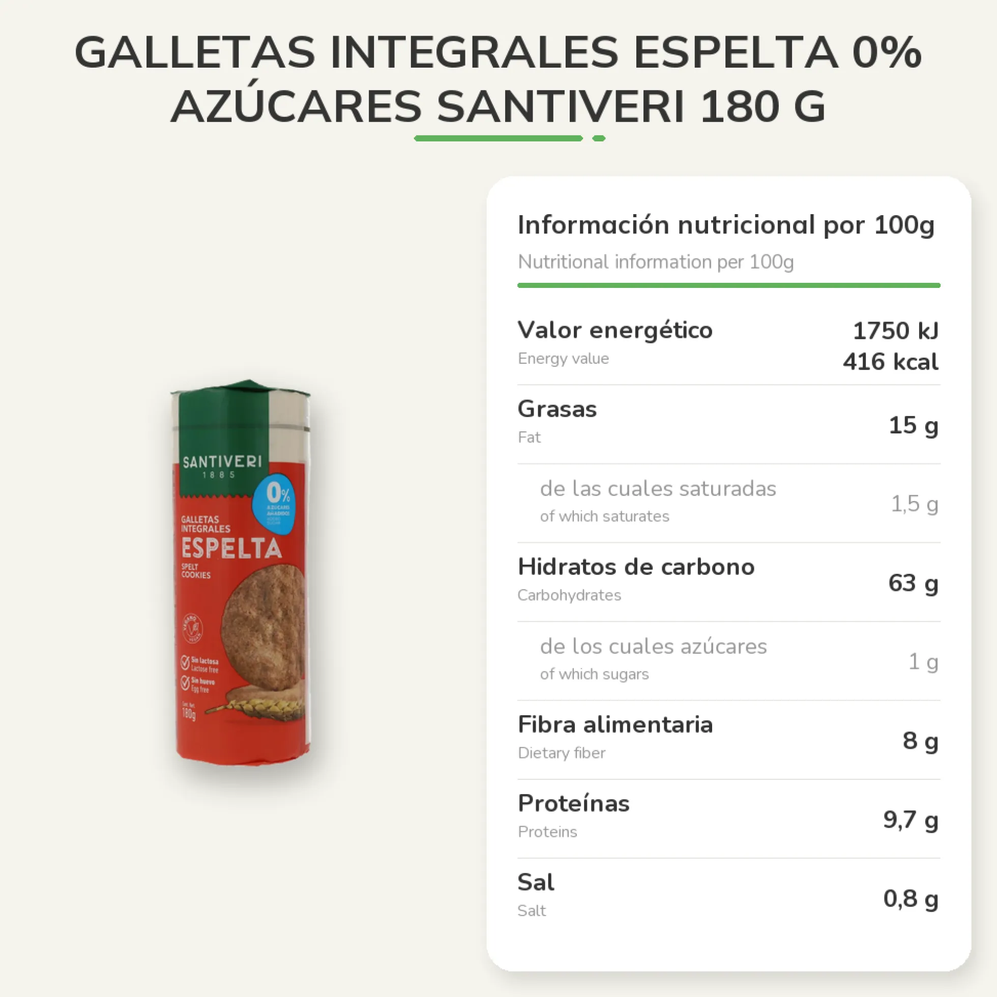 Galletas Integrales Espelta 0% azúcares Santiveri 180 g