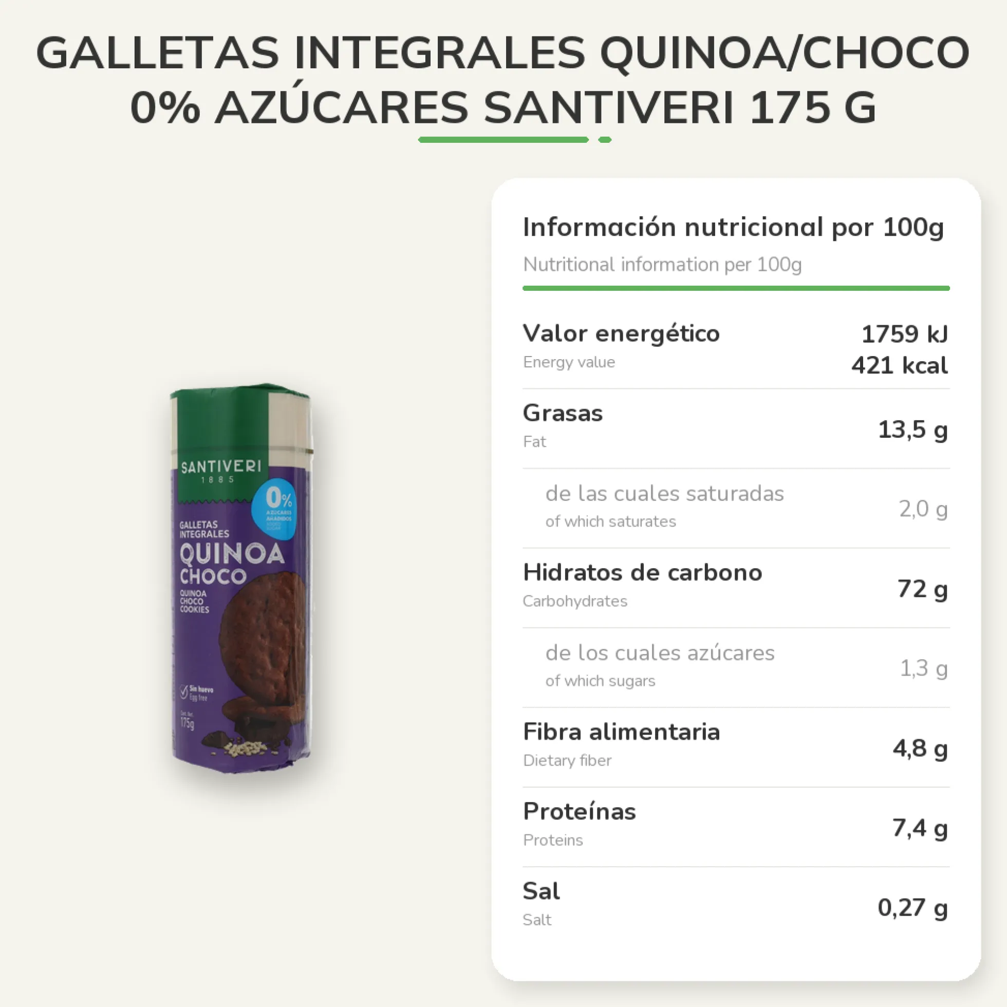Galletas Integrales Quinoa/Choco 0% azúcares Santiveri 175 g