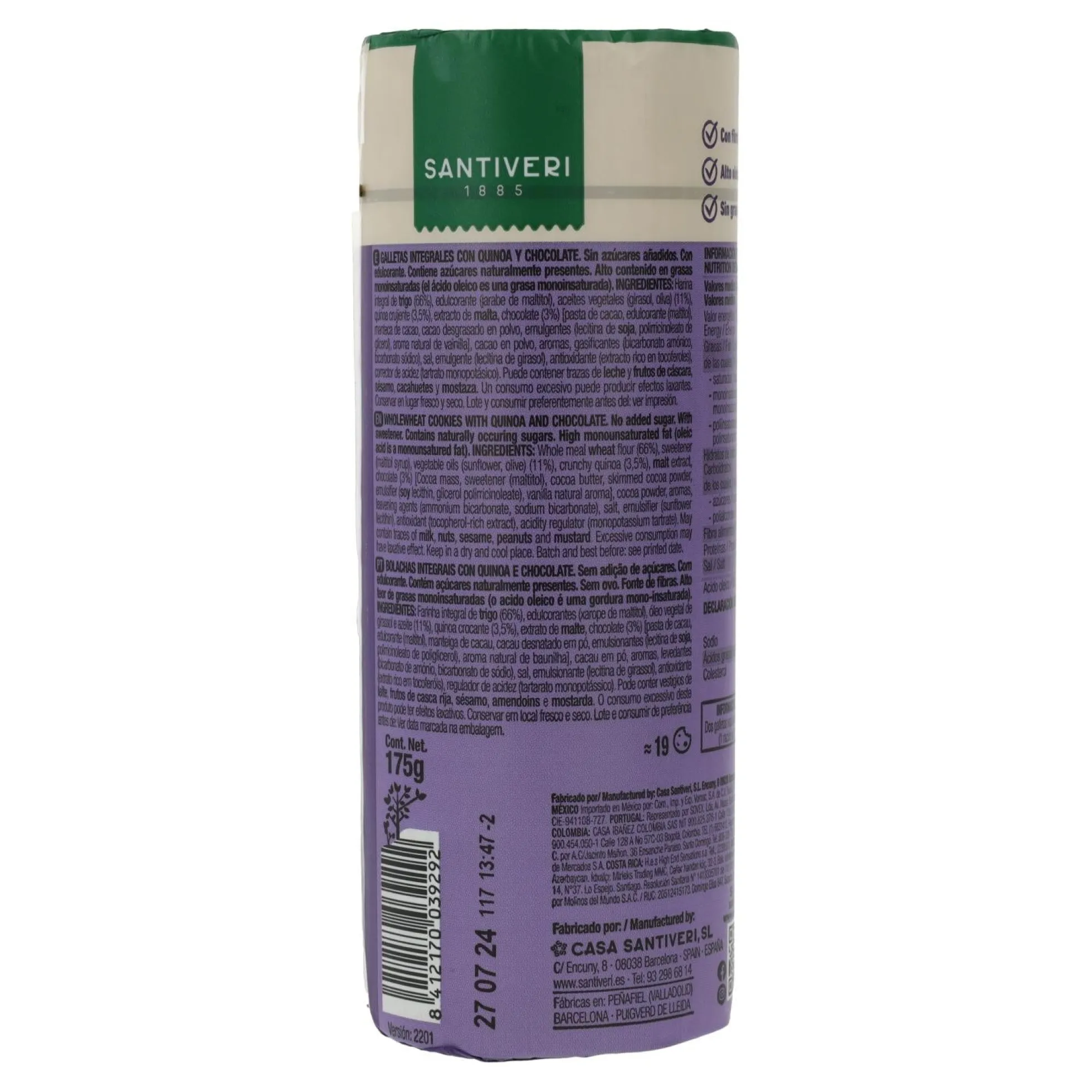 Galletas Integrales Quinoa/Choco 0% azúcares Santiveri 175 g