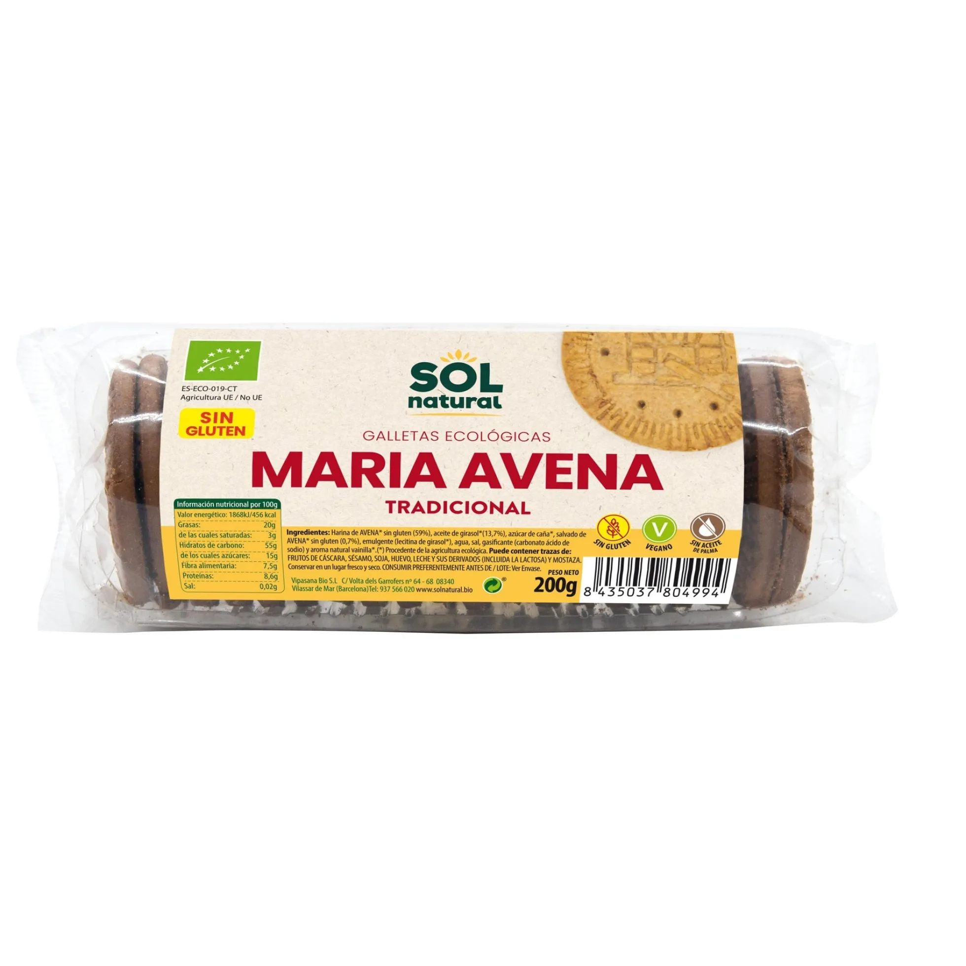Galletas María de avena sin gluten bio Sol Natural 200 g