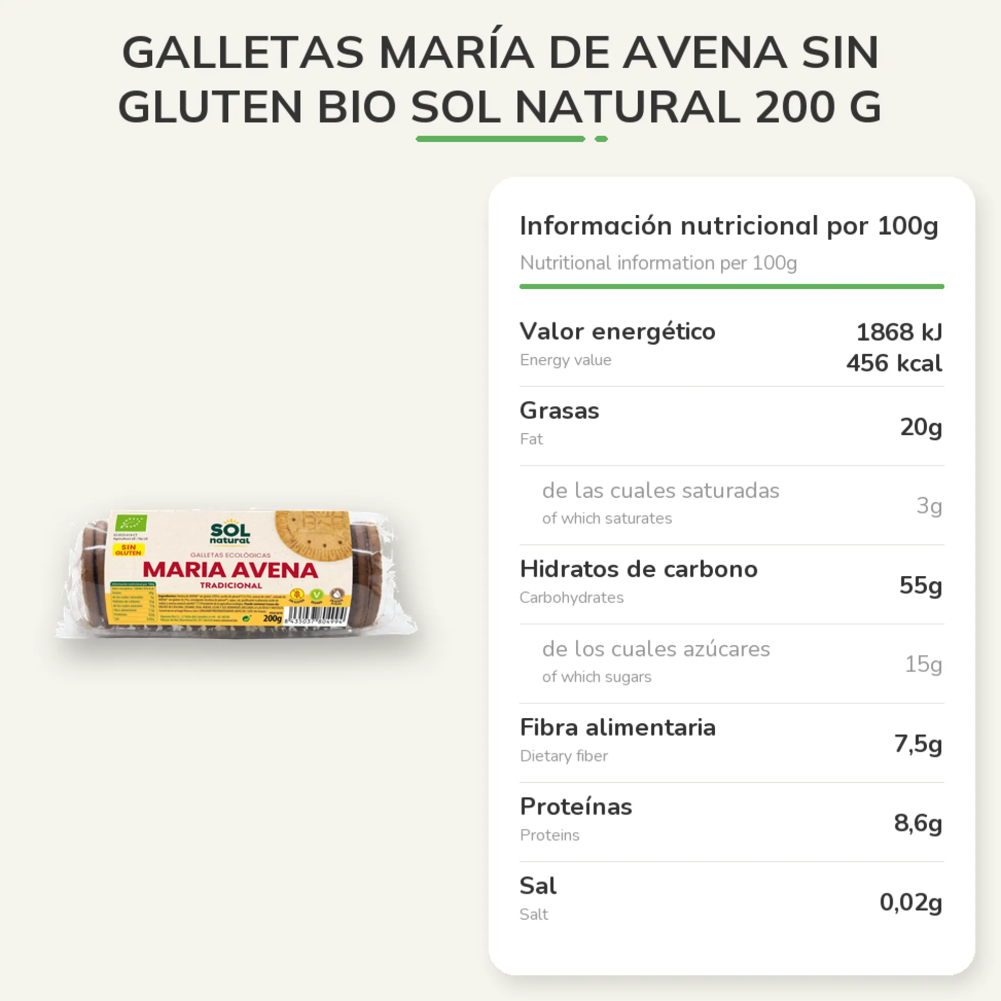 Galletas María de avena sin gluten bio Sol Natural 200 g