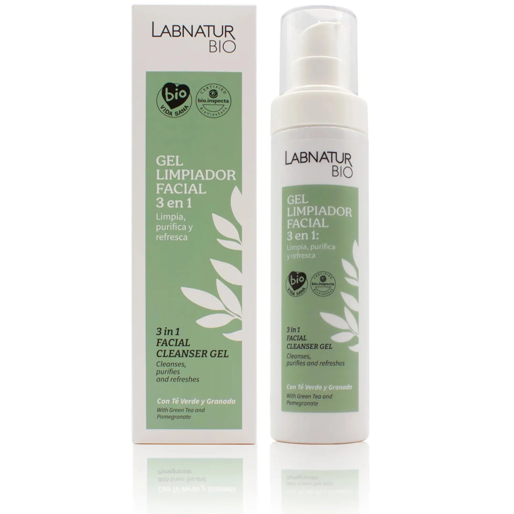 Gel Limpiador Facial 3 en 1 Labnatur Bio 150 ml | Té Verde, Granada y Aloe Vera | Limpia, Purifica y Refresca | Vegano