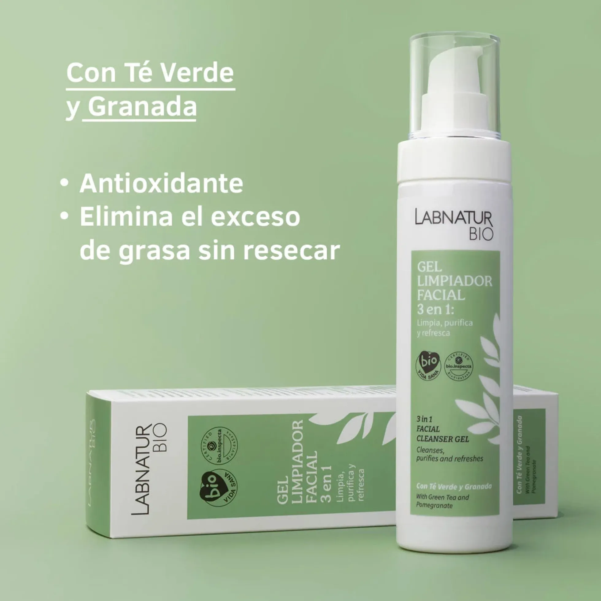 Gel Limpiador Facial 3 en 1 Labnatur Bio 150 ml | Té Verde, Granada y Aloe Vera | Limpia, Purifica y Refresca | Vegano