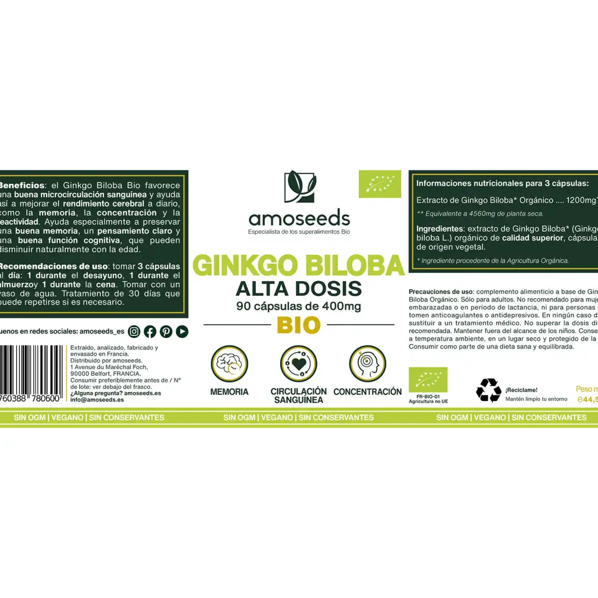 Ginkgo Biloba Bio, Alta Dosis | 90 Cápsulas