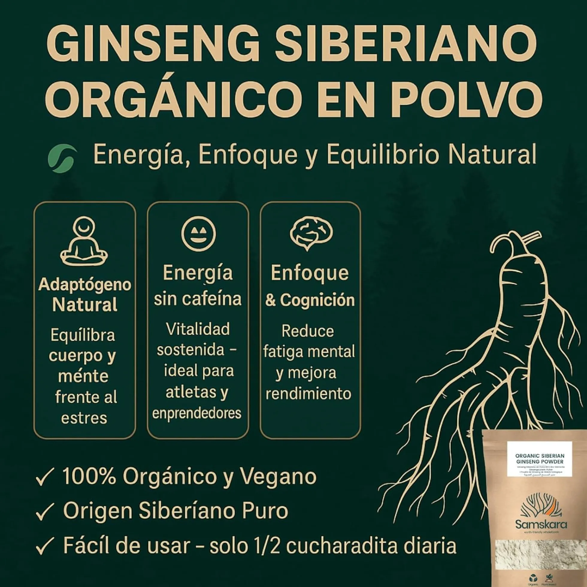 Ginseng Siberiano En Polvo Bio - 100g | Superalimento Ecológico Vegano Para Batidos, Smoothies Y Zumos