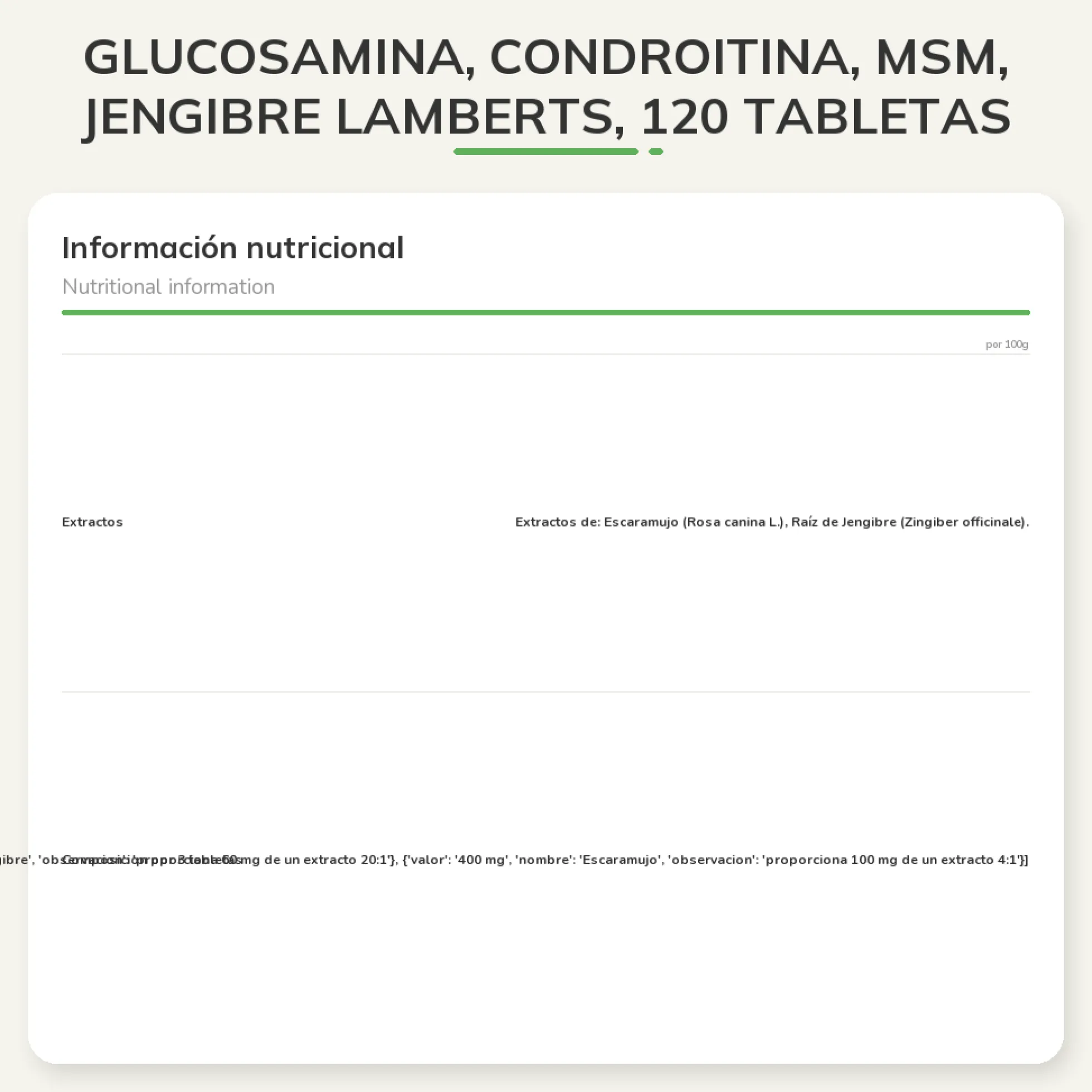 Glucosamina, Condroitina, MSM, Jengibre Lamberts, 120 tabletas