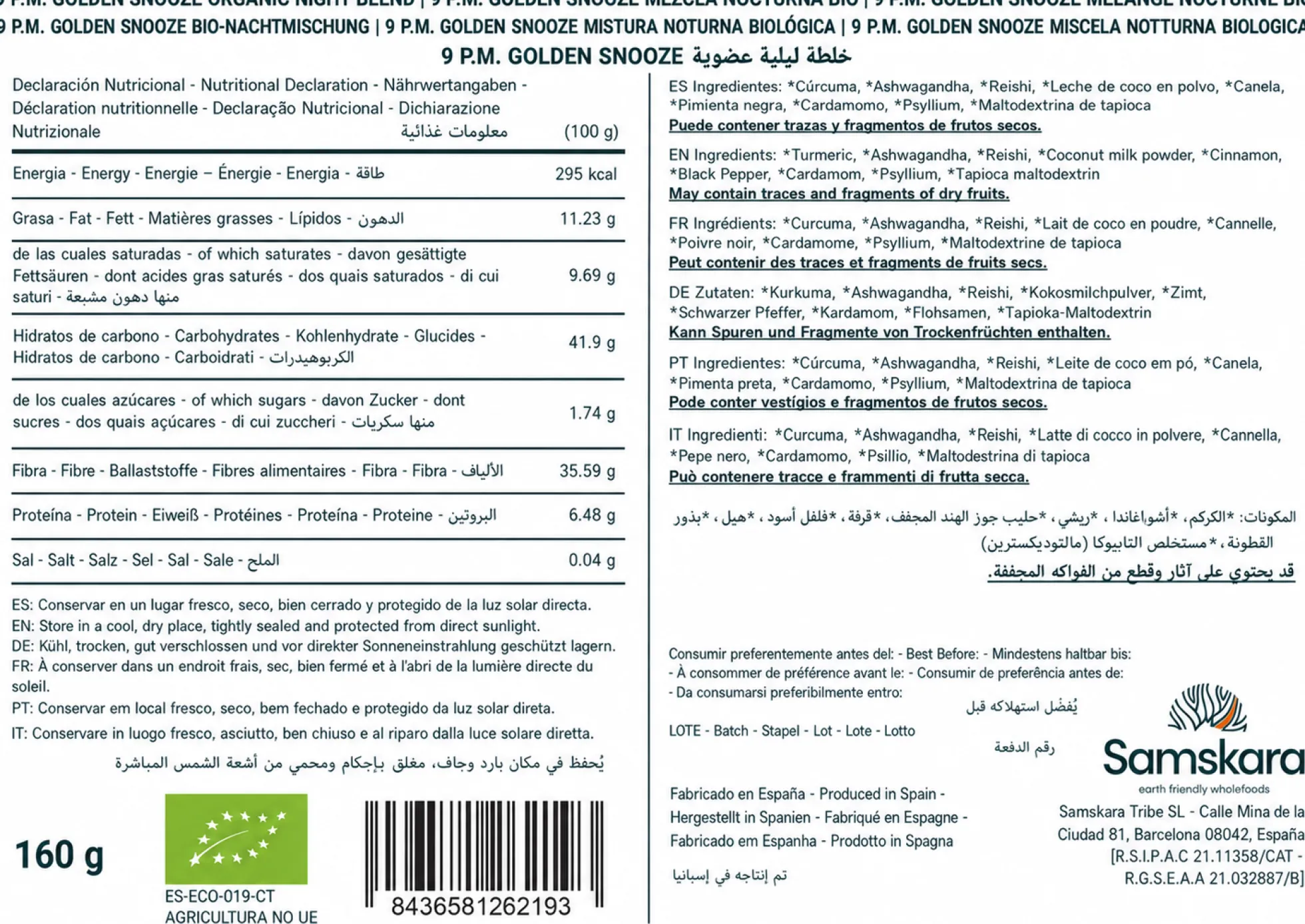 Golden Snooze 9 P.m — Mezcla Nocturna Leche Dorada Bio - 160g | Superalimento Ecológico Vegano Para Batidos