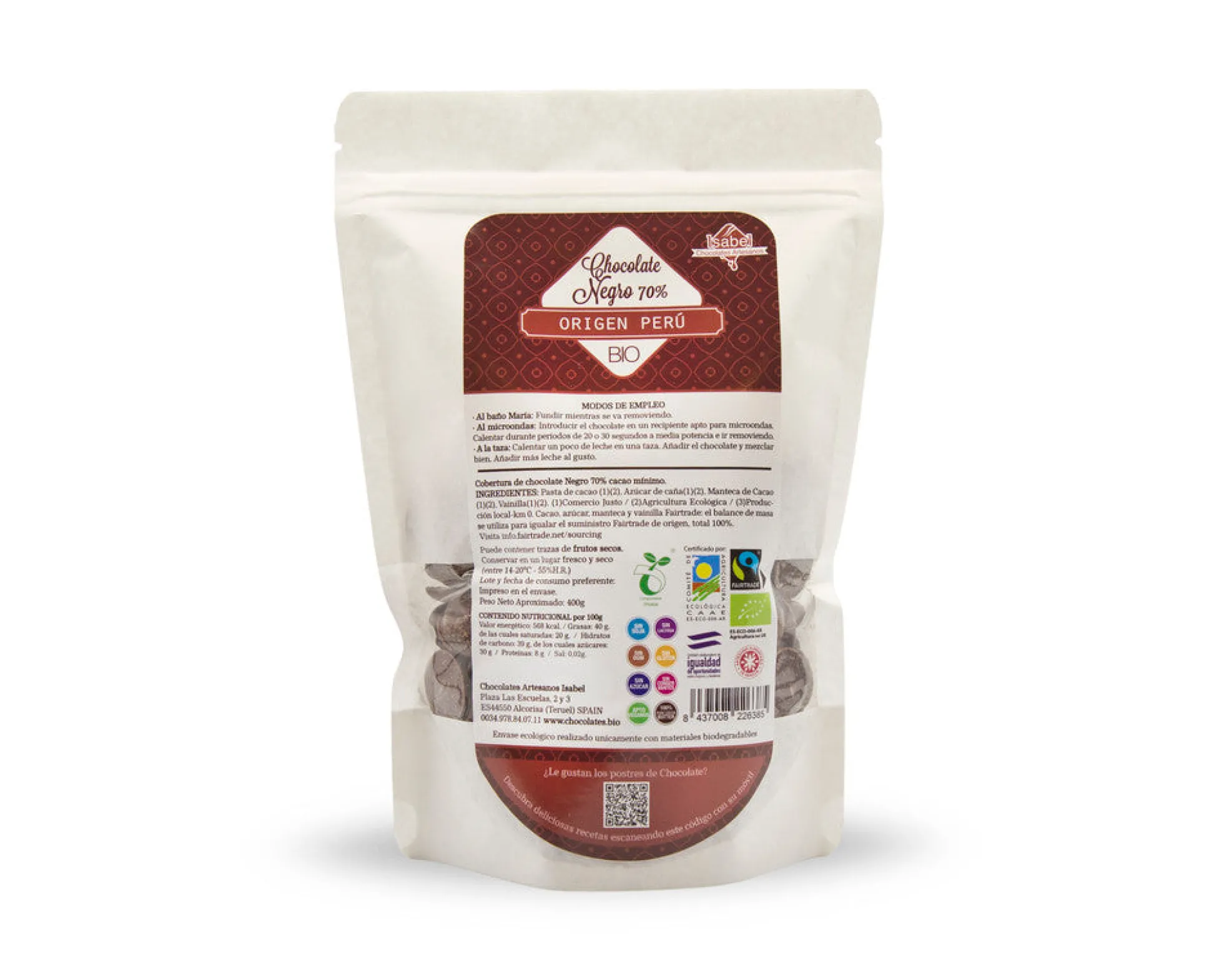 Gotas de cobertura Bio de chocolate negro 70% cacao Fairtrade