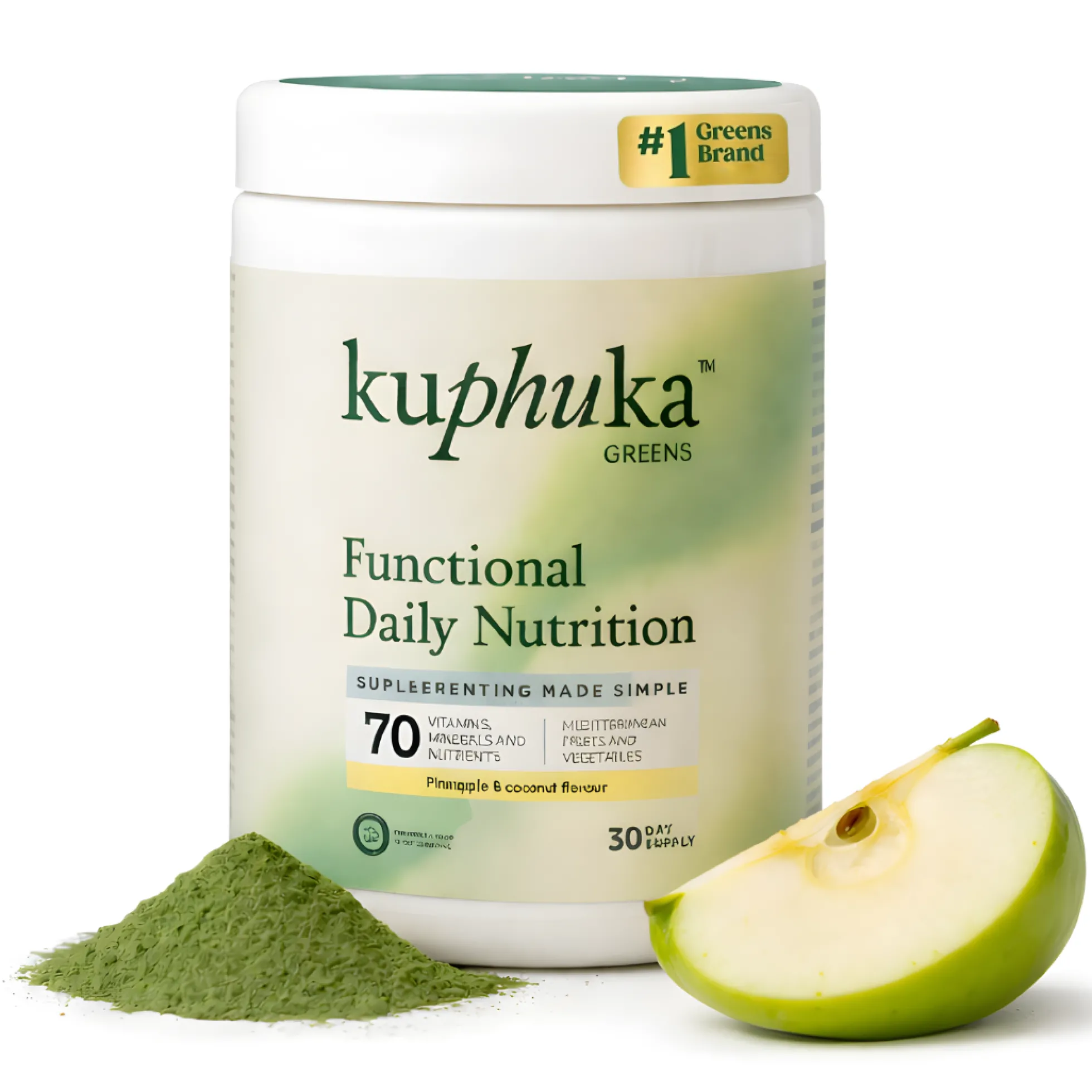 Greens en Polvo con Más de 70 Ingredientes, 30 Dosis, Sabor Manzana/Vainilla, 411 g Kuphuka