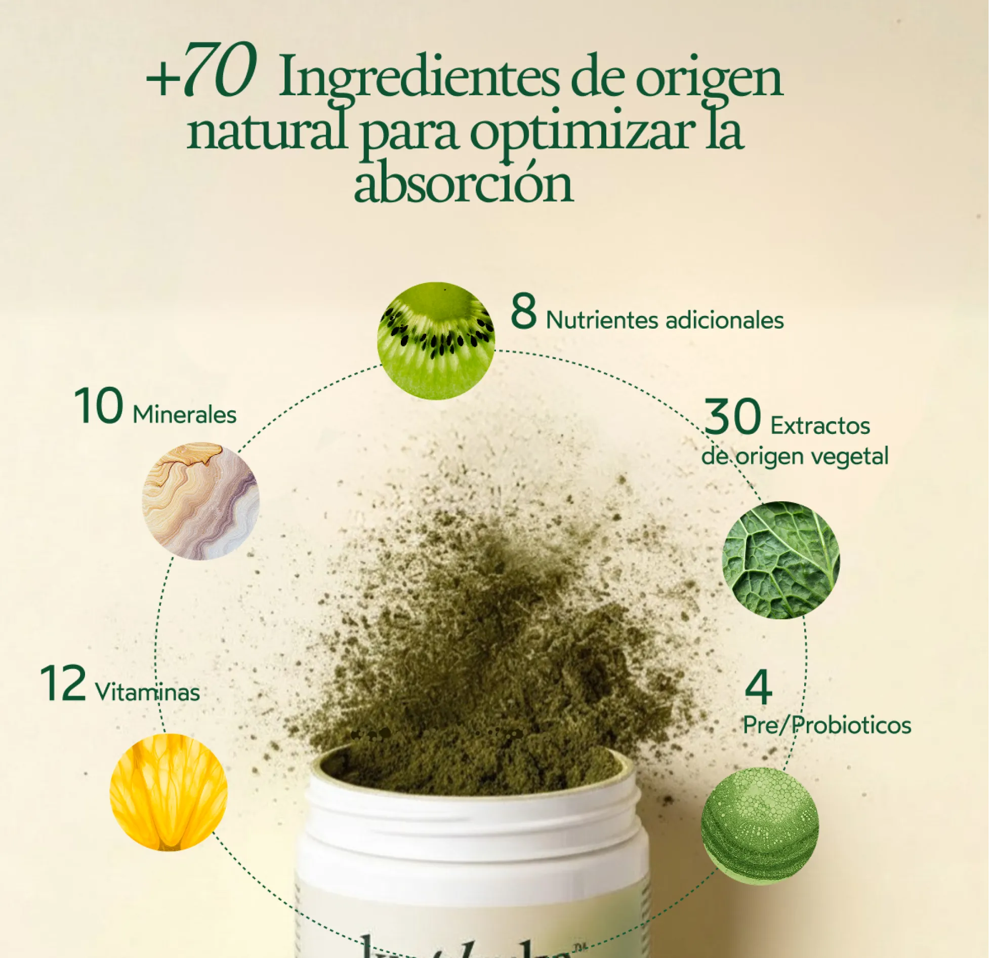 Greens en Polvo con Más de 70 Ingredientes, 30 Dosis, Sabor Manzana/Vainilla, 411 g Kuphuka