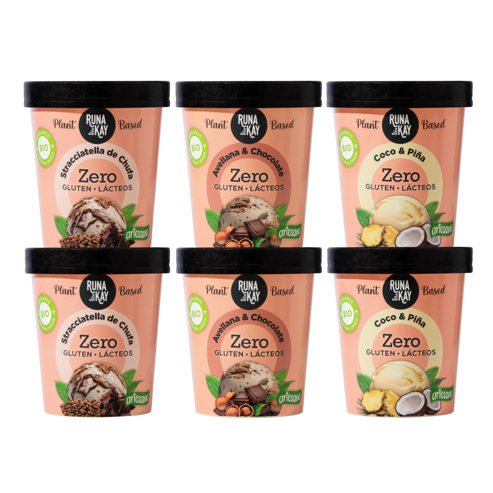 Helado Artesano Eco Sin Gluten Ni Lácteos Stracciatella Chufa&Choco Avellana&Choco Coco&Piña Runakay 6x460ml/400g