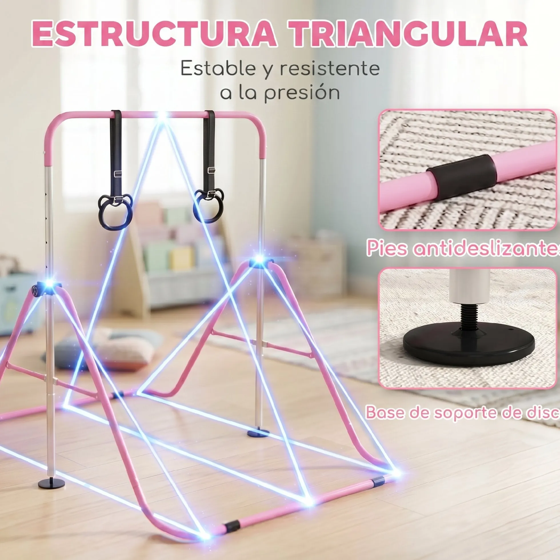 Homcom Barra De Gimnasia Para Niños Con Altura Ajustable En 5 Niveles Y Anillos