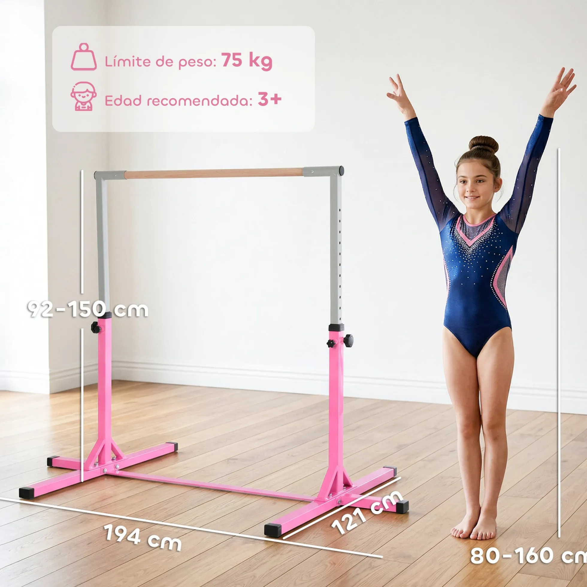 Homcom Barra De Gimnasia Para Niños De +3 Años Con Altura Ajustable 92-150 Cm