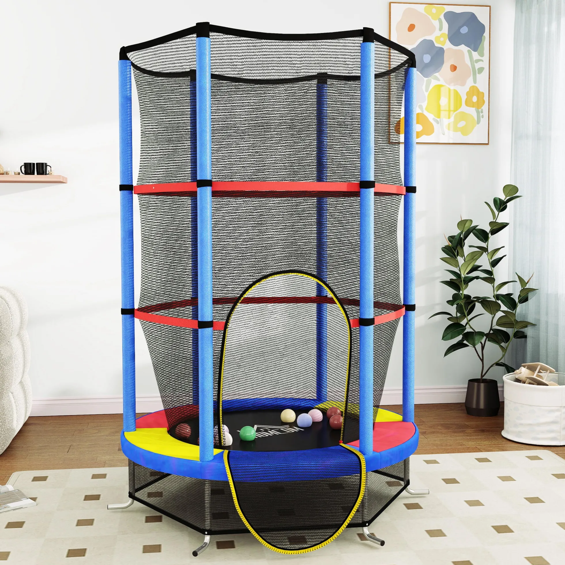 Homcom Cama Elástica Infantil Con Red De Seguridad Ø140x190 Cm Multicolor