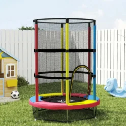 Homcom Cama Elástica Infantil, Ø160 Cm Con Red De Seguridad Multicolor