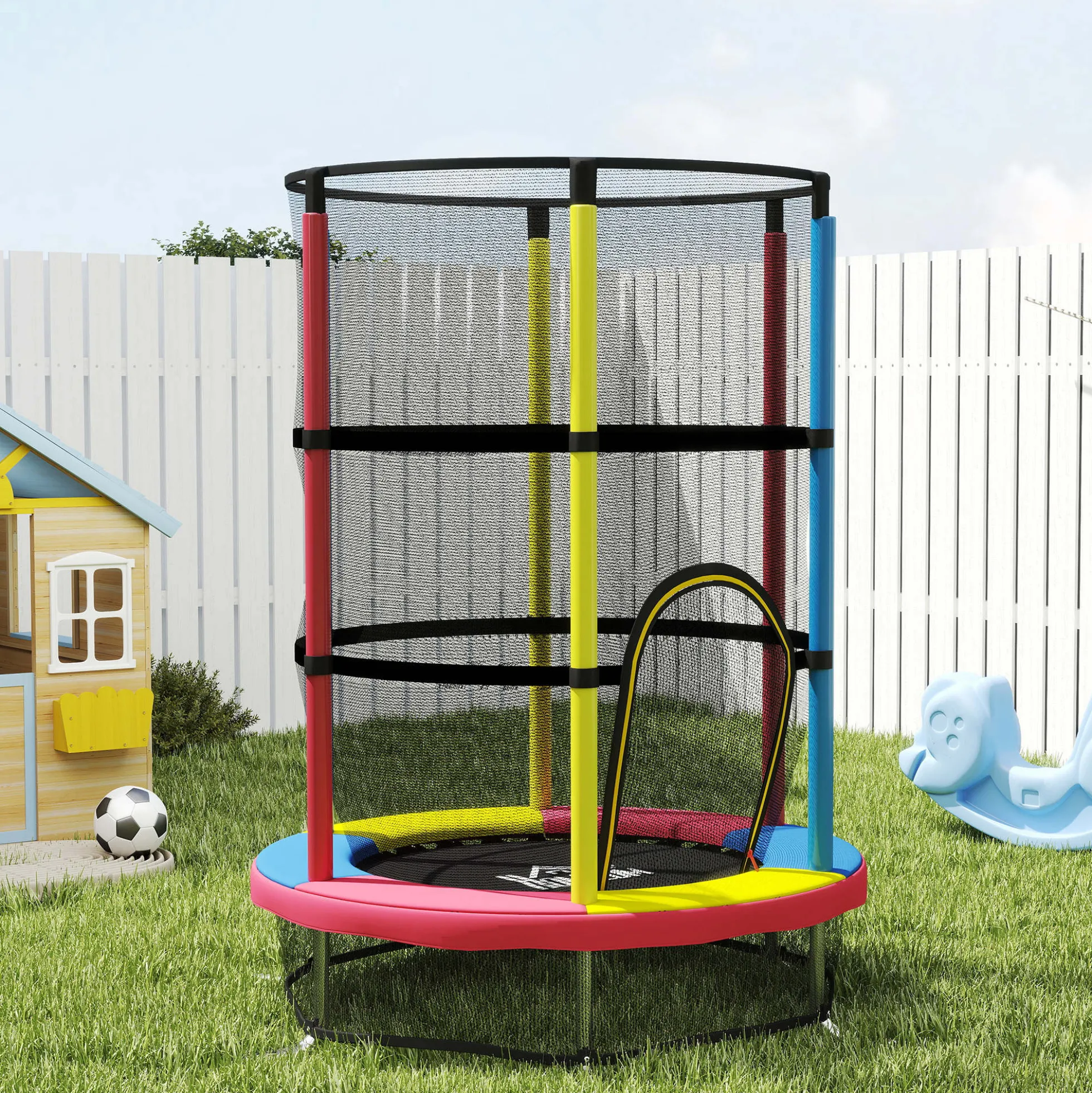 Homcom Cama Elástica Infantil, Ø160 Cm Con Red De Seguridad Multicolor