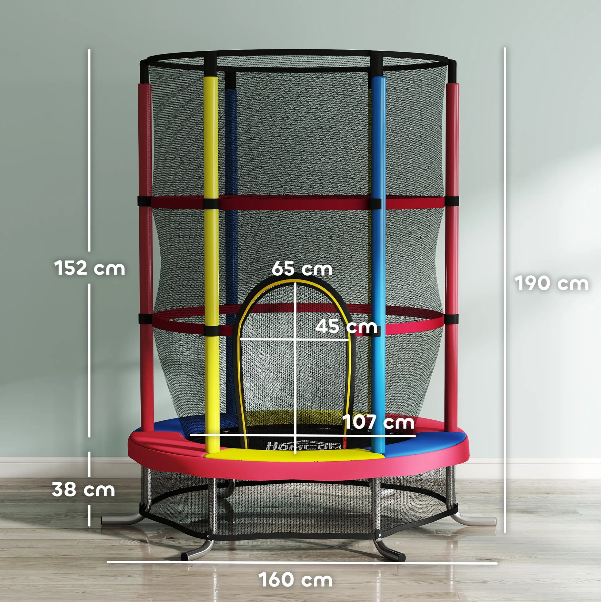 Homcom Cama Elástica Infantil, Ø160 Cm Con Red De Seguridad Multicolor
