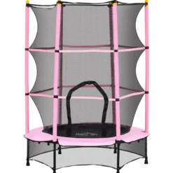Homcom Cama Elástica Infantil Ø140 Cm Con Red De Seguridad Rosa Y Negro