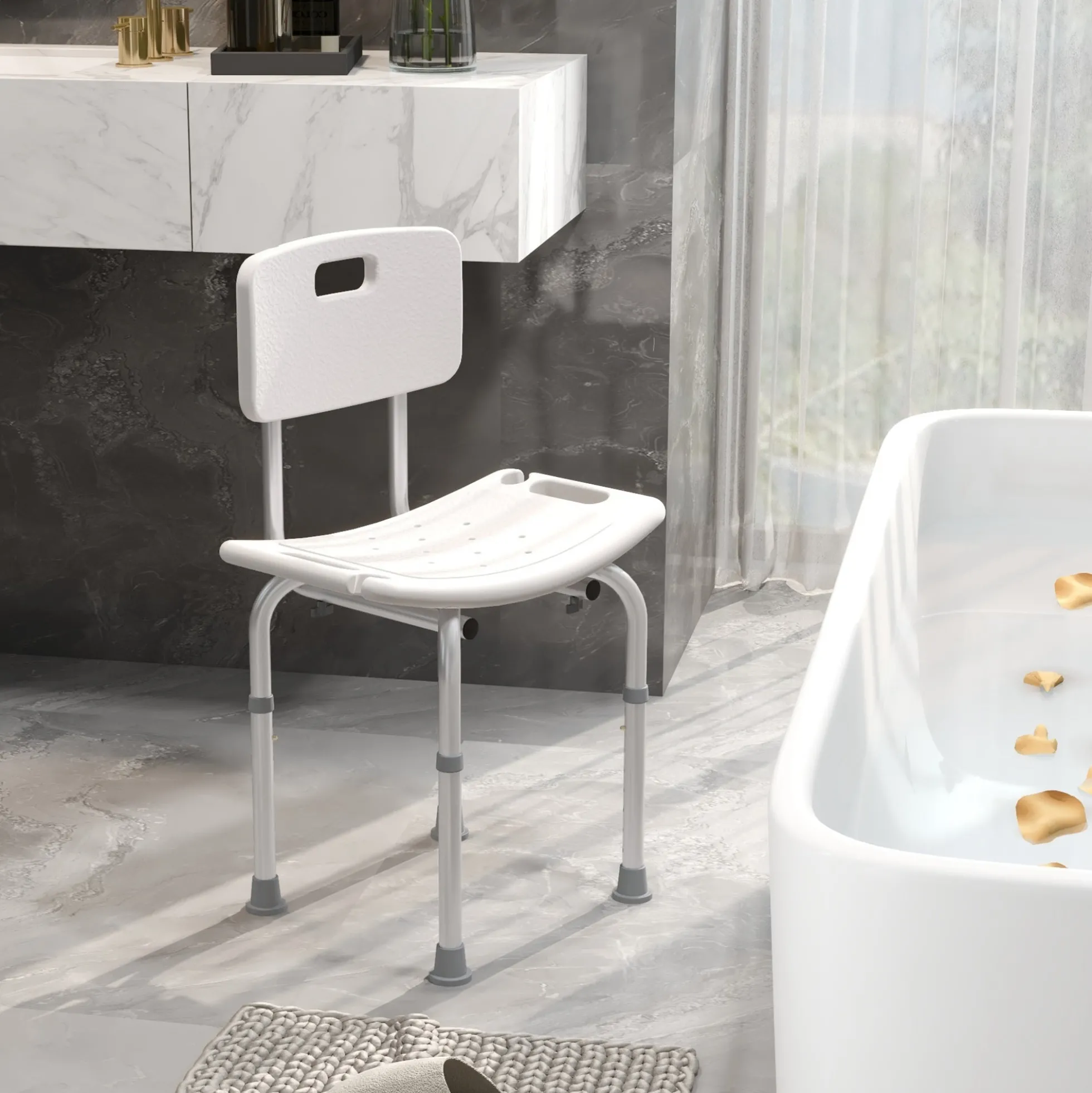Homcom Silla Ducha Personas Mayores Con Respaldo Altura Regulable En 8 Niveles