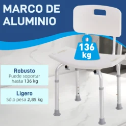 Homcom Silla Ducha Personas Mayores Con Respaldo Altura Regulable En 8 Niveles