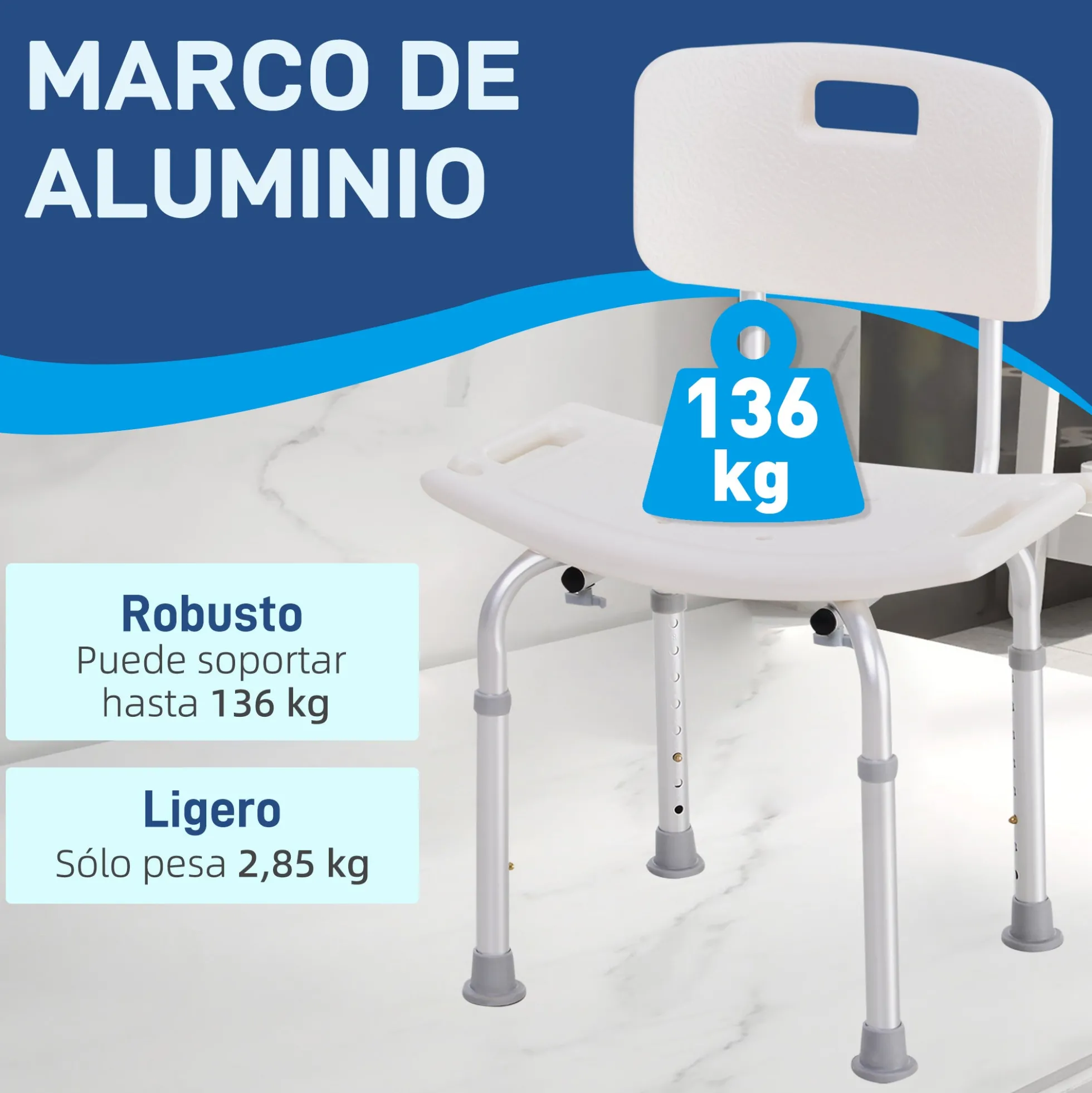 Homcom Silla Ducha Personas Mayores Con Respaldo Altura Regulable En 8 Niveles