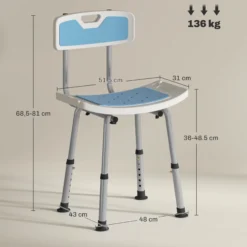 Homcom Silla Ducha Personas Mayores Con Respaldo Altura Ajustable Carga 136 Kg