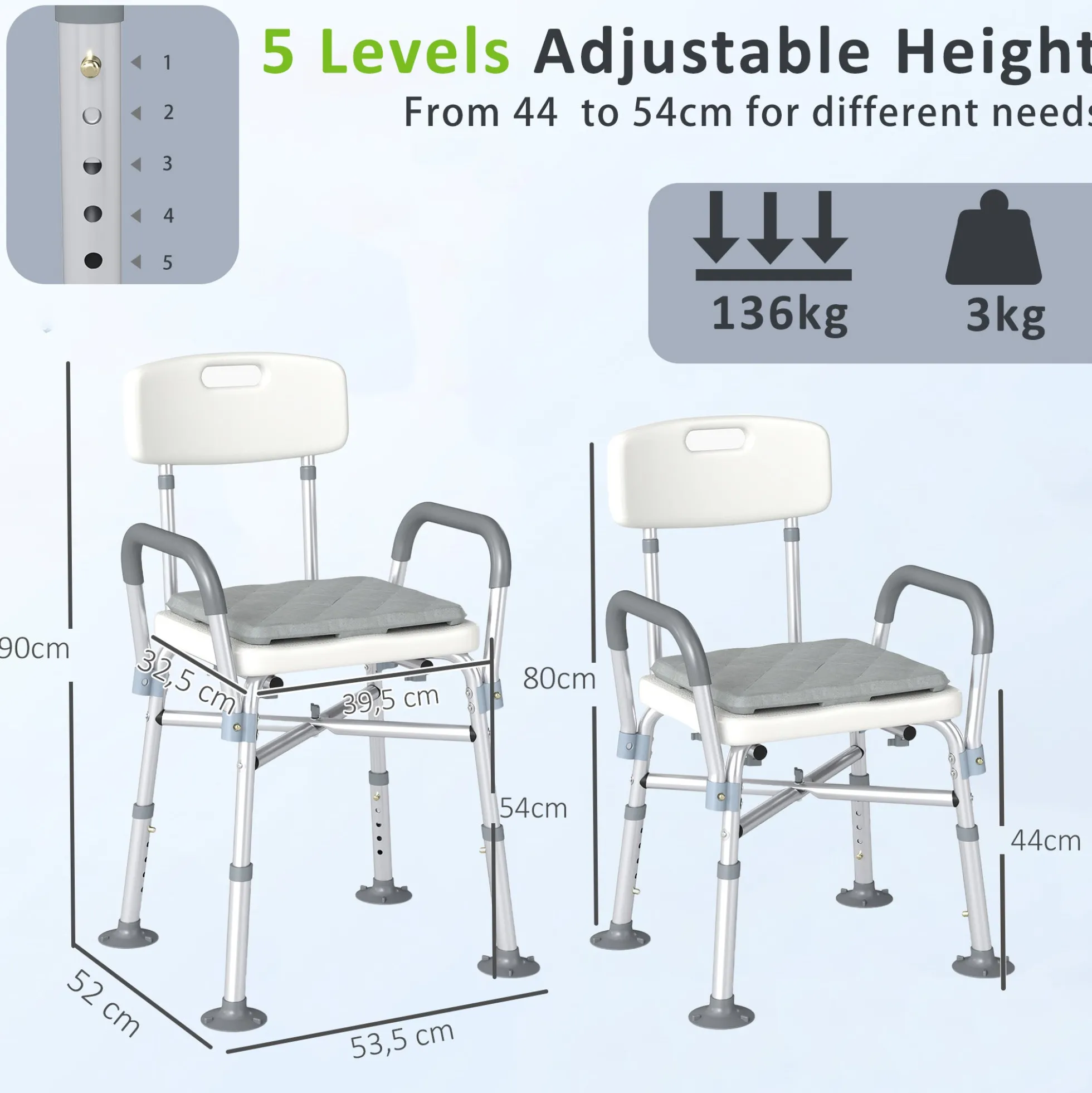 Homcom Silla Ducha Personas Mayores Con Respaldo Y Reposabrazos Gris