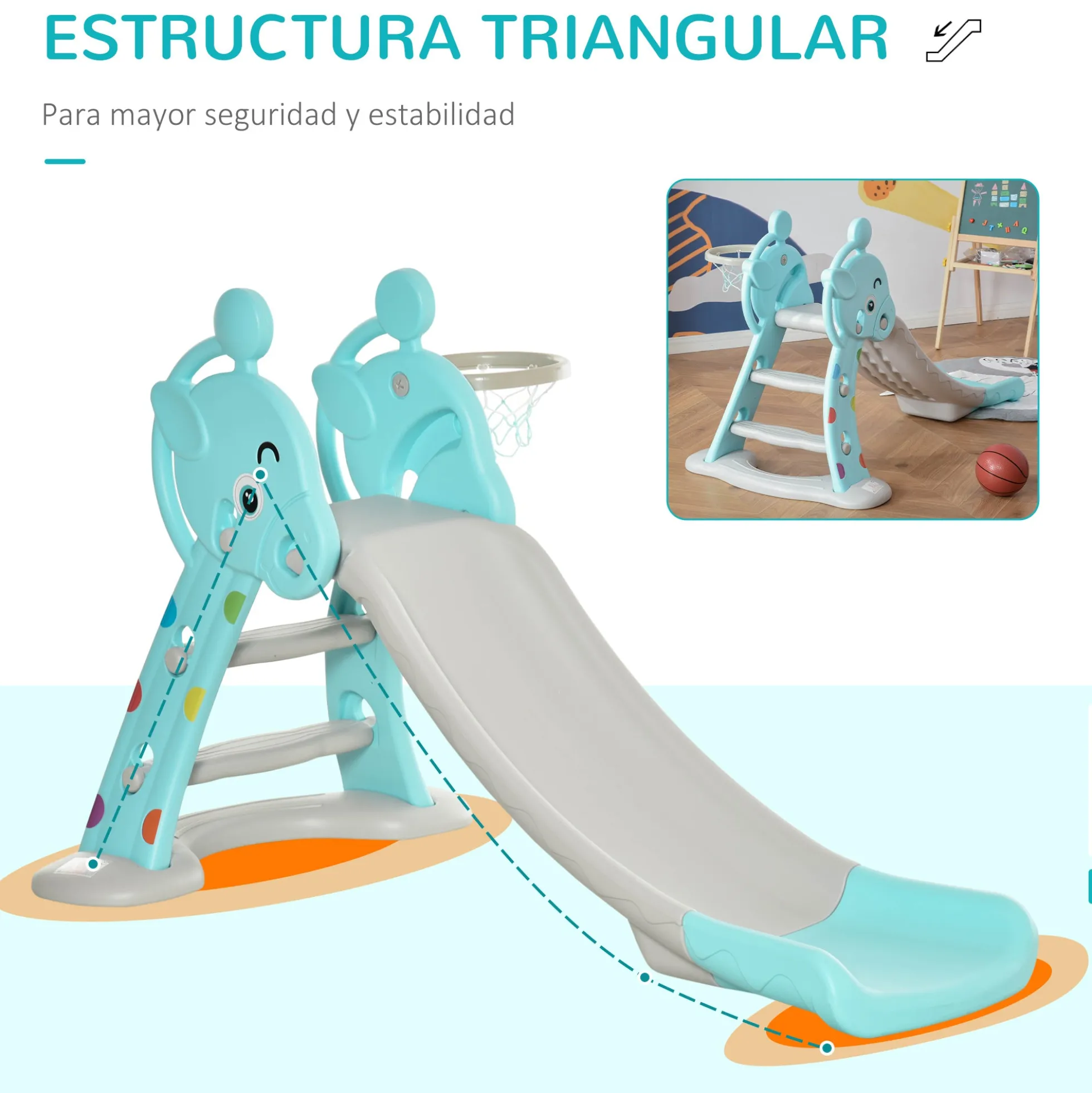 Homcom Tobogán Para Niños +18 Meses Plegable Con Canasta De Baloncesto Modelo