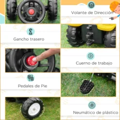 Homcom Tractor A Pedales Para Niños De +3 Años 107x42x71 Cm Amarillo