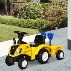Homcom Tractor Con Remolque Para Niños 12-36 Meses Con Faros Pala Y Rastrillo