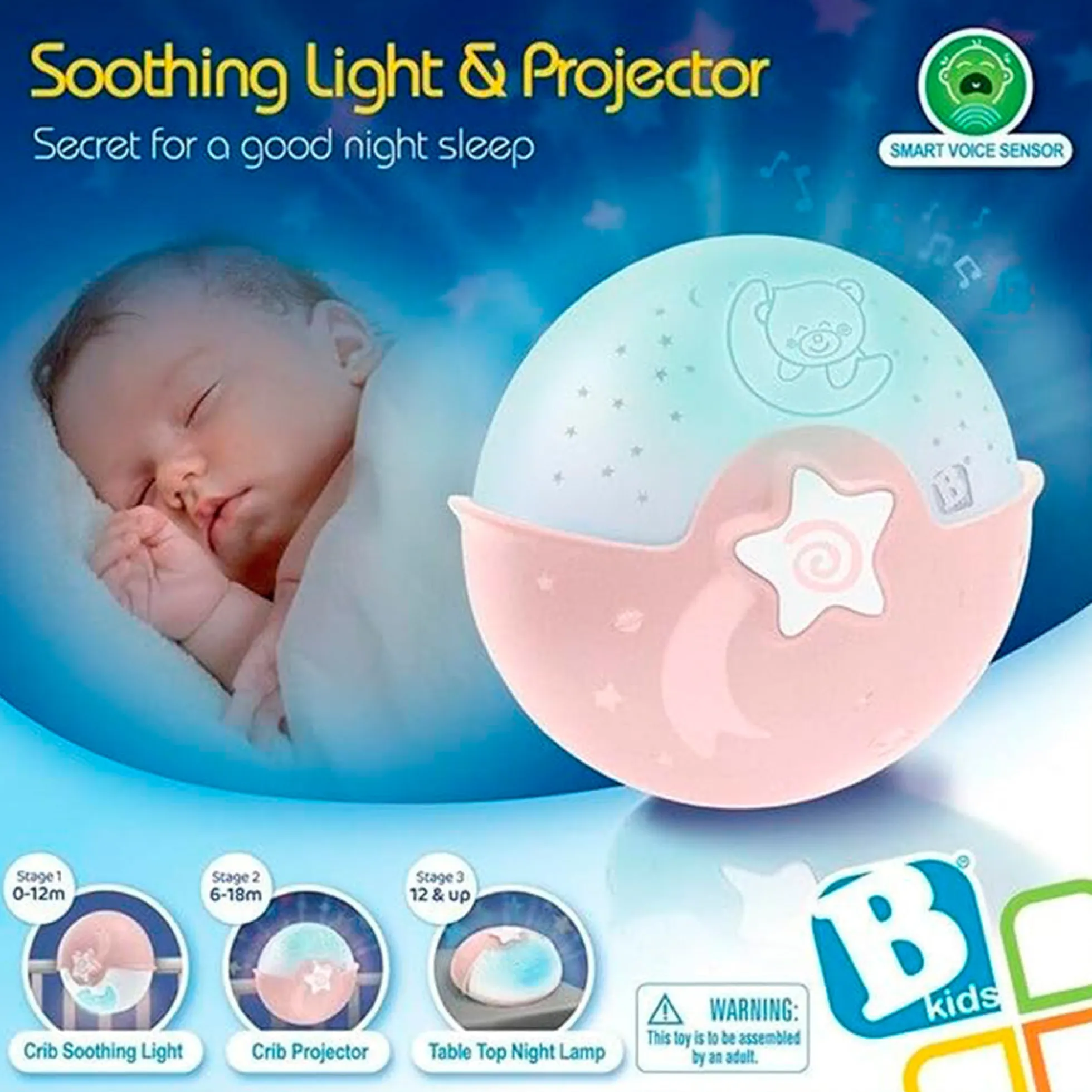 Infantino Luz Evolutiva Nocturna, Clip Para Cuna, Proyector De Estrella Y Luz De Mesa Con Melodías Y Sonidos, Rosa