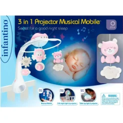 Infantino Proyector Musical Móvil 3-en-1, Luz Nocturna Y Proyector Cuna, 6 Melodías, 4 Sonidos Naturaleza, Rosa