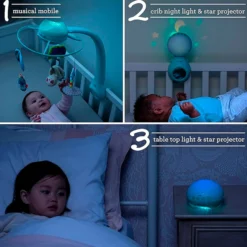 Infantino Proyector Musical Móvil 3-en-1, Luz Nocturna Y Proyector Cuna, 6 Melodías, 4 Sonidos Naturaleza, Verde