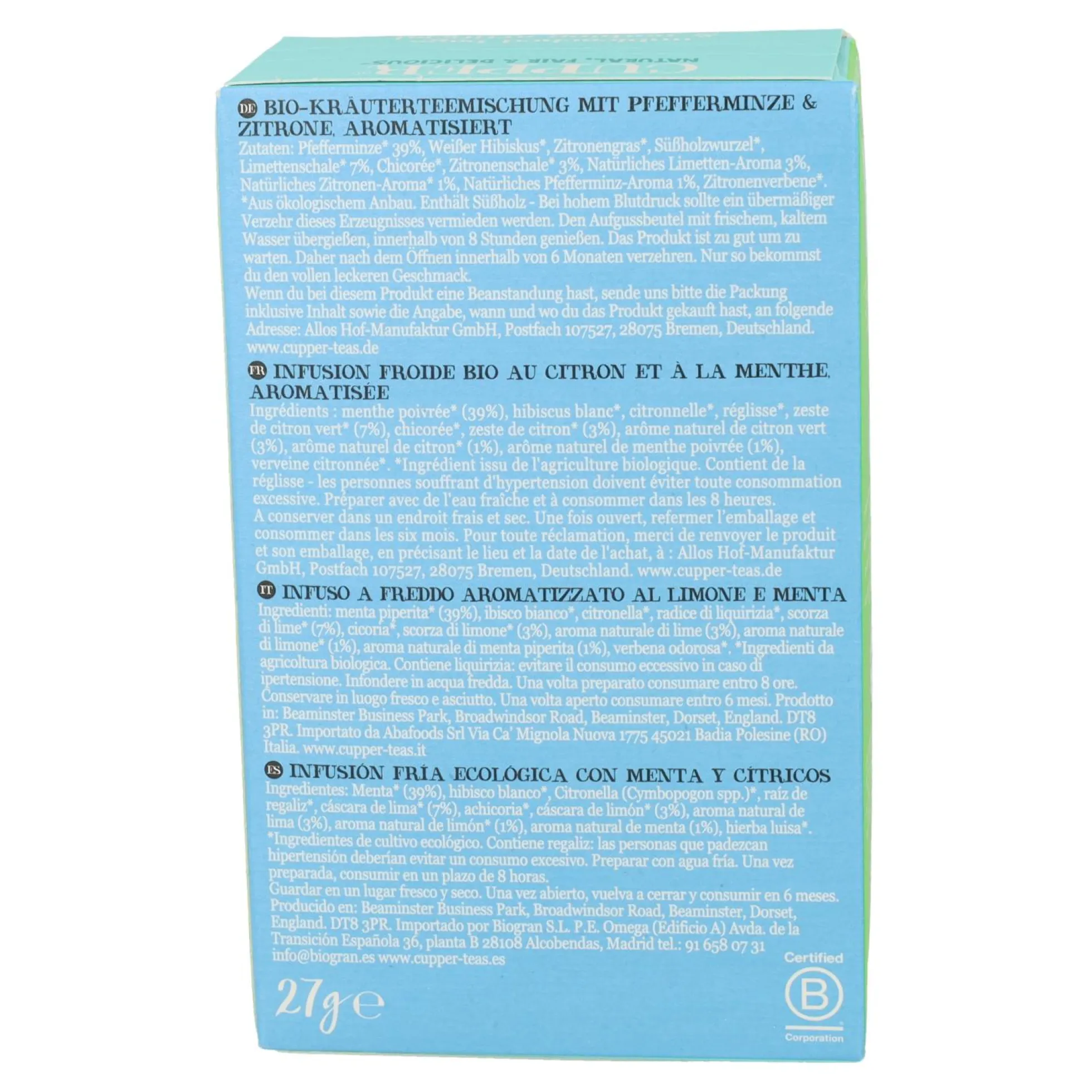 Infusión Fría de Menta y Cítricos Bio Cupper 10 Bolsas